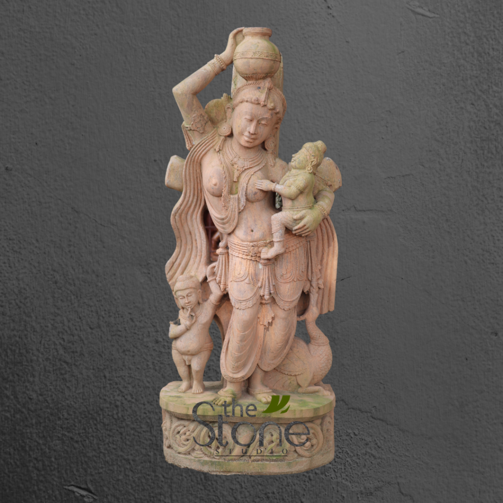 Devadasi Sculpture Holding a Kid 4' - The Stone Studio