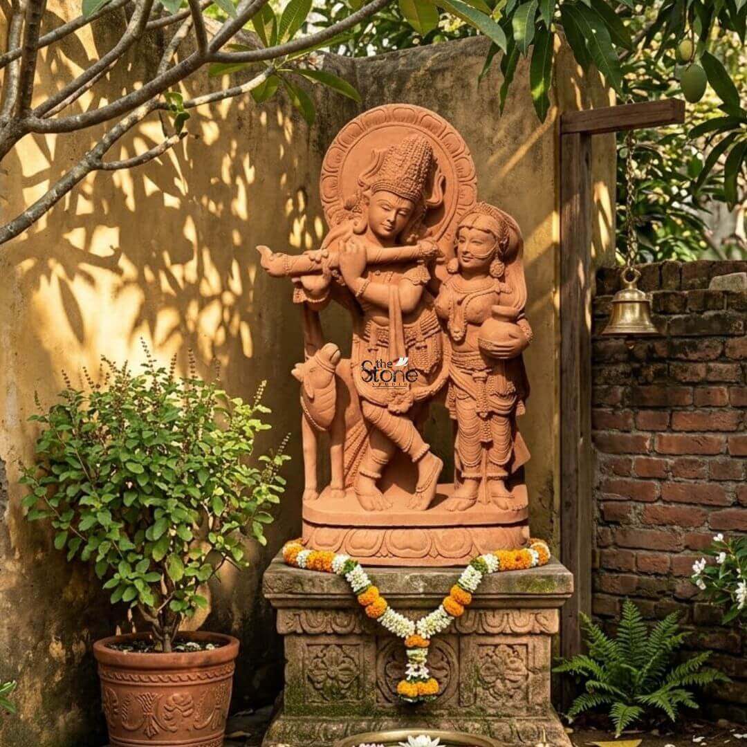 Radha Krishna Statue with Flute in Sand Stone 3ft 3 A radiant 3-foot sandstone Radha Krishna statue is beautifully placed in a serene outdoor setting making it an ideal piece for home decor. The sculpture vividly portrays Lord Krishna playing his flute a symbol of divine love and harmony elegantly adorned with an elaborate crown intricate jewelry and flowing garments all meticulously carved. Beside him stands Radha his beloved consort equally embellished with traditional ornaments holding a pot her gaze gently directed towards Krishna embodying their profound spiritual connection. The rich earthy hue of the sandstone emanates warmth and authenticity. The intricate details of the carving are exceptionally highlighted by the natural light filtering through the surrounding foliage. Krishna's graceful posture with one leg crossed and Radha's gentle yet dignified stance are rendered with fluid lines conveying both movement and unwavering devotion. Behind their divine figures a circular halo-like structure is intricately carved with traditional patterns further accentuating their divine aura. A charming small calf is positioned intimately beside Krishna reinforcing the idyllic and pastoral setting often associated with their divine pastimes adding to the statue's narrative depth. The entire divine ensemble rests upon a grand weathered stone pedestal which is adorned with a fresh garland of white and yellow flowers symbolizing purity and devotion. The backdrop features a rustic brick wall dappled sunlight lush potted plants including a sacred Tulsi plant and fern and a traditional hanging brass bell all contributing to an inviting and sacred atmosphere. This 3-foot Sandstone Radha Krishna statue serves as a captivating focal point embodying spiritual beauty and artistic excellence perfect for enhancing the spiritual ambiance of any home.