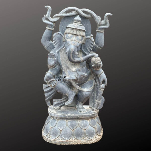 A majestic, four-foot-tall hand-carved statue of Lord Ganesha sculpted from a solid dark grey-black stone is depicted in a dynamic dancing posture known as Nataraja Ganesha. The statue stands centered on an ornately carved circular lotus pedestal providing a stable and traditional foundation. Ganesha is captured in a joyful active pose with his left leg raised and bent across his body in a dance step while his right foot remains planted firmly on the pedestal. His elephant-head is slightly tilted conveying a sense of rhythm and grace and is adorned with an intricately carved crown jewelry and garlands that follow the movement of his body. The four-armed deity holds various symbolic attributes in his hands which are carefully detailed against the dark stone texture. His upper right hand holds a pasha and his upper left hand holds an ankusha. His lower right hand is held in the abhaya mudra while his lower left hand holds a bowl of modaks with his trunk curled to taste one. The statue's four arms create a balanced composition radiating outwards from the central dancing figure and showcasing the detailed craftsmanship of the stone carving. The entire sculpture including the pedestal exhibits exceptional artisan detailing. Ganesha's form is adorned with elaborate carved ornaments beaded necklaces armlets, wristlets a sacred thread and a flowing dhoti with deep folds that accentuate the dance movement. The dark stone material has a slightly matte finish that highlights the intricate carvings of the jewelry the texture of the garlands and the facial expression. The statue is presented against a dark neutral graduated background making the detailed figure the sole focus and emphasizing its monumental presence. The base of the lotus pedestal shows a carved textured pattern.