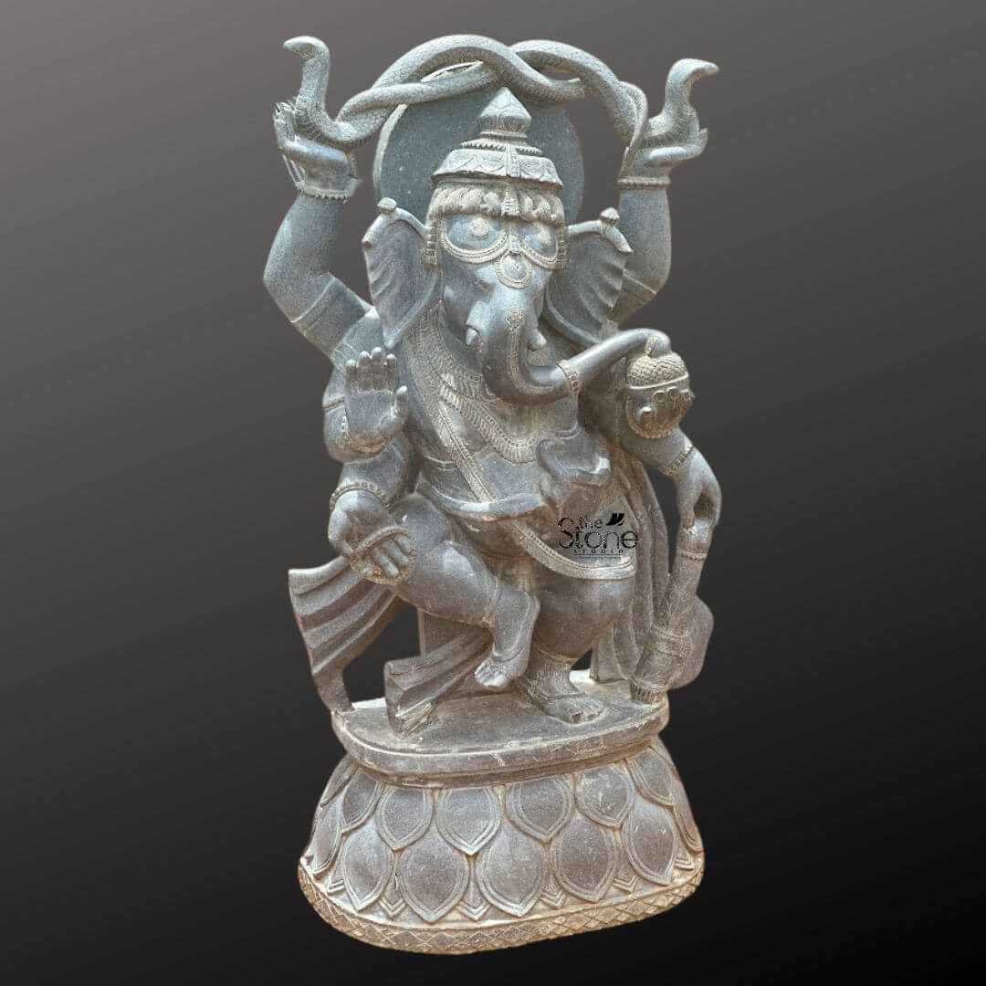 Dancing Ganapati Murti With Snakes 4' 7 A magnificent four-foot-tall hand-carved statue of Lord Ganesha stands centered against a dark graduated background showcasing its detailed form. Sculpted from a single block of solid black stone the deity is depicted in a dynamic dancing posture known as Nataraja Ganesha. He is captured mid-movement with his left leg raised in an elegant arch across his body while his right foot remains planted on an intricately carved circular lotus pedestal. The statue radiates a sense of joyful rhythm and spiritual grace making it a commanding presence. The four-armed deity is adorned with elaborate traditional ornaments all meticulously carved from the same dark stone. His elephant-head features a serene expression and is crowned with an ornate tiered mukuta detailed with decorative patterns and a central floral motif. He wears multiple necklaces including a sacred thread armlets, wristlets and anklets all with detailed textures. His upper right hand holds a pasha and his upper left hand holds an ankusha. His lower right hand is in the abhaya mudra while his lower left hand holds a bowl of modaks toward which his trunk curls adding a charming life-like detail. The entire sculpture exhibits exceptional craftsmanship with deep relief carvings defining the folds of his flowing dhoti and the intricate patterns on his jewelry and crown. The black stone material has a rich dark matte finish that absorbs light emphasizing the depth and complexity of the carvings. The circular lotus pedestal upon which he dances is also intricately carved with stylized petal layers providing a stable and decorative base for the monumental figure. The statue is presented as a singular object of art highlighting its religious significance and detailed artistry for the article.
