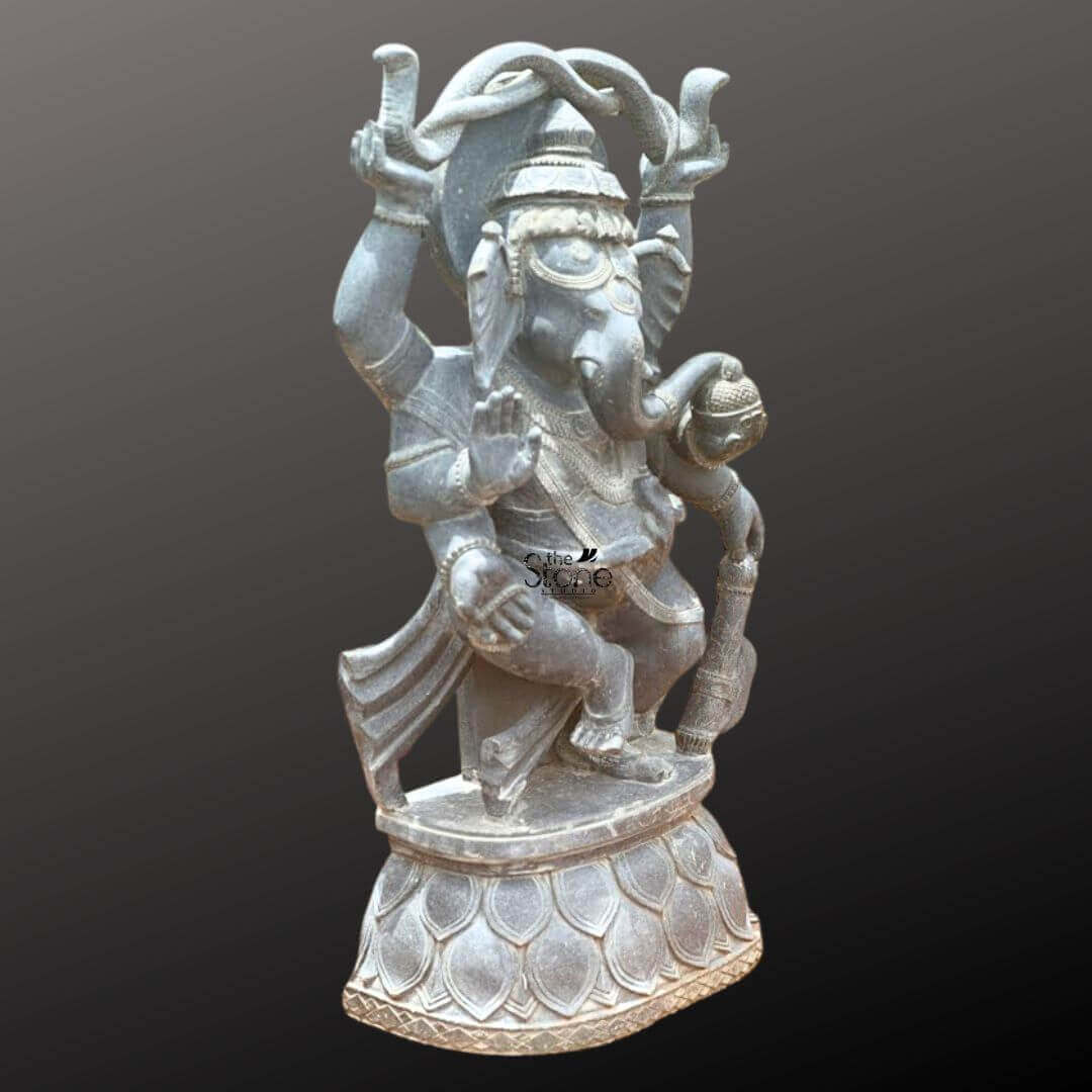 Dancing Ganapati Murti With Snakes 4' 6 A magnificent four-foot-tall hand-carved statue of Lord Ganesha sculpted from solid black stone stands centered against a dark graduated background. The deity is depicted in a dynamic dancing posture known as Nritya Ganesha capturing a sense of joyful rhythm and divine movement. Ganesha is balanced gracefully on his right foot atop an intricately carved circular lotus pedestal while his left leg is raised and bent across his body in a dance step. The sculpture exhibits exceptional detail showcasing the artisan's skill in rendering the deity's form and ornaments from the dark textured material. The four-armed dancing Ganesha holds various symbolic attributes in his hands each carefully defined against the stone. His upper right hand holds a pasha and his upper left hand holds an ankusha. His lower right hand is shown in the abhaya mudra and his lower left hand holds a bowl of modaks toward which his trunk is curled. The elephant-headed deity is adorned with an ornate tiered crown delicate necklaces armlets wristlets and a sacred thread all meticulously carved in deep relief. His body is draped in a flowing dhoti with elaborate folds that accentuate the dance pose. The entire sculpture including the detailed pedestal conveys a sense of monumental presence and spiritual grace making it a fitting centerpiece for a home or temple. The dark black stone has a rich matte finish that absorbs light emphasizing the intricate carvings of the jewelry the facial features and the texture of the garments. The circular lotus pedestal upon which he dances is carved with stylized petal layers and a decorative base providing a stable and traditional foundation for the active figure. The statue is presented as a singular work of art highlighting its cultural significance and detailed artistry for the article.