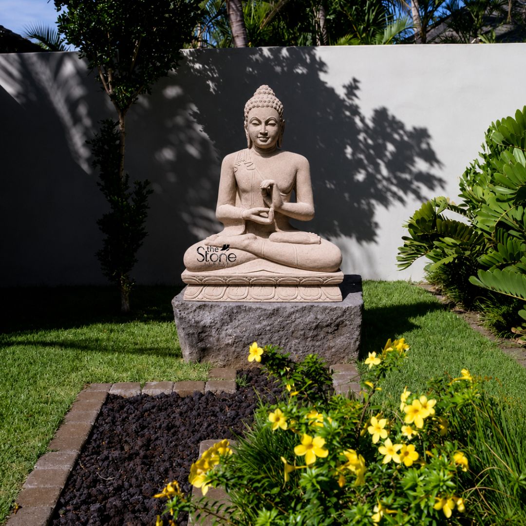 Amitabha Buddha 4ft 3 A serene 4-foot Sandstone Buddha statue serving as an ideal Stone Buddha Statue for Garden is thoughtfully placed amidst a verdant garden landscape under a bright sky. The statue carved from light beige sandstone depicts Buddha in a meditative seated posture specifically the full lotus position symbolizing deep concentration and spiritual enlightenment. His hands are held in the Dharmachakra Mudra the gesture of teaching and turning the Wheel of Dharma with both hands at chest level right palm facing outwards and left palm inwards fingers touching to form a circle The natural hue of the sandstone gives the sculpture an earthy timeless elegance blending seamlessly with its outdoor surroundings. The Buddha's facial features are exquisitely carved radiating profound peace and wisdom with eyes gently cast downwards in contemplation. His head is adorned with tightly coiled hair culminating in the ushnisha the cranial bump symbolizing his supreme spiritual knowledge. The flowing drapery of his robes is sculpted with soft elegant folds enhancing the statue's graceful and tranquil form. The Buddha is seated on a simple lotus-petal base which in turn rests on a robust rectangular grey stone pedestal providing a stable and dignified foundation. The statue is positioned on a vibrant green lawn framed by a young tree on the left and a large leafy plant on the right casting dappled shadows on the light grey wall behind. In the foreground a bed of dark volcanic rock is adorned with bright yellow flowering shrubs adding a burst of color and visual interest. This 4-foot Sandstone Buddha statue is an exquisite example of a garden deity designed to bring blessings, peace and aesthetic beauty to any outdoor space perfectly aligning with an article focusing on stone Buddha statues for gardens creating a focal point for tranquility and contemplation.