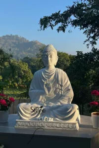 magnificent, pristine white stone Buddha statue, crafted with exquisite detail, is prominently featured outdoors against a serene natural backdrop. The large sculpture depicts the Buddha seated peacefully in the traditional cross-legged lotus position (Padmasana), emanating a profound sense of calm and wisdom. Its face is characterized by gently downcast eyes, a subtle smile, elongated earlobes, and the distinctive ushnisha (cranial bump) adorned with tight, snail-shell-like curls, all contributing to a meditative and compassionate expression. The right hand is raised in the Vitarka Mudra, where the tip of the thumb and forefinger meet to form a circle, symbolizing the transmission of Dharma (teachings) and intellectual discourse, while the left hand rests gracefully in the lap in a gesture of contemplation. The flowing robes feature elegantly carved folds, showcasing the intricate artistry and smooth texture of the white stonework, possibly marble or high-quality granite. The statue rests on a beautifully ornate, multi-tiered stone pedestal with decorative carved patterns, likely lotus petals, elevating its spiritual presence. Behind the Buddha, a breathtaking landscape unfolds under a clear, vibrant blue sky, suggesting an expansive and peaceful environment. Distant, lush green mountains, partially shrouded in a soft haze, rise majestically in the background, flanked by dense, verdant trees and rich foliage that create a tranquil, natural setting. A dark tree branch extends into the frame from the upper right, adding organic texture. In the immediate foreground, on the dark gray stone platform beneath the statue, sit two white potted plants filled with vibrant pink or magenta flowers, adding a delicate splash of color and life to the scene. The soft, warm sunlight, likely from early morning or late afternoon, beautifully illuminates the white stone, enhancing its pristine beauty and highlighting the detailed carvings. A subtle watermark, "The Stone Studio," is visible towards the base of the statue, indicating the craftsmanship and origin of this magnificent piece of spiritual art, ideal for a serene garden, meditation space, or as a focal point for outdoor decor. This image vividly portrays the elegance and peacefulness of expertly crafted spiritual sculptures.