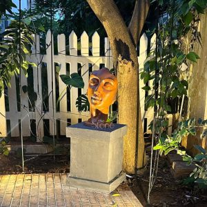 beautifully illuminated stone sculpture of a serene face, with eyes gently closed and a peaceful, meditative expression, stands prominently in a lush evening garden setting. The bust, crafted in warm, earthy tones resembling weathered bronze or terracotta, showcases smooth, stylized features, creating a sense of tranquility and spiritual calm. It rests on a sturdy, grey, rectangular concrete pedestal, providing a solid and grounding base. Warm, soft accent lighting from concealed ground spotlights bathes the sculpture, highlighting its graceful contours and casting gentle glows on the surrounding elements. The logo "the Stone" is subtly integrated into the sculpture's base. Behind the focal point, a classic white picket fence adds a touch of rustic charm, partially obscured by vibrant green foliage, including broad, tropical-looking leaves (possibly Monstera) to the left. A mature tree with a textured, sturdy brown trunk stands to the right of the sculpture, also subtly lit from below, revealing its natural patterns. Further to the right, abundant green climbing plants and dense shrubbery thrive, contributing to the natural, overgrown beauty of the garden. The foreground features a neatly laid path of reddish-brown brick pavers, creating a defined walkway that leads towards the sculpture. The overall scene evokes a sense of calm, spiritual reflection, and exquisite outdoor living. This image perfectly illustrates the beauty of handcrafted stone art, outdoor garden decor, and the atmospheric effect of thoughtful garden lighting, suggesting a focus on creating serene and aesthetically pleasing outdoor spaces.