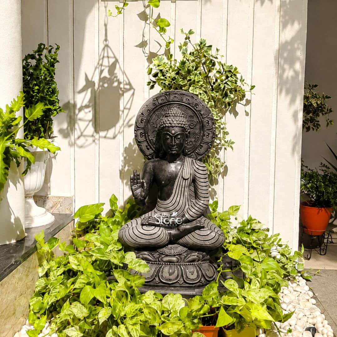 Abhaya Mudra Buddha Statue 30" 3 A serene hand-carved Ashirwad Black Buddha Statue for Home sits as the peaceful centerpiece of a verdant indoor garden display nestled against a textured white vertical-slat wall. The 30-inch statue meticulously crafted from dark blackstone with a subtly textured polished finish depicts the Buddha seated in a full lotus position on a detailed carved lotus pedestal. His left hand rests in his lap in the dhyana mudra of meditation while his right hand is raised in the Abhaya mudra the gesture of fearlessness and blessing facing outwards toward the viewer. The statue's face exhibits a calm contemplative expression with downcast eyes and a gentle smile framed by tightly curled hair and an ushnisha all rendered with precise and traditional carving. The Buddha statue is surrounded by abundant lush greener creating a vibrant and natural sanctuary within the home. Dense clusters of money plants with their heart-shaped variegated green and yellow leaves fill the base of the garden bed spilling over the edges and obscuring the very bottom of the pedestal. To the left a tall leafy plant in a white decorative urn adds height and texture casting a soft geometric shadow onto the wall behind it. To the right other potted plants in simple terracotta and colored pots sit on a bed of white river stones which border the entire garden display on the polished floor. Bright natural daylight streams in from an unseen window to the right illuminating the scene highlighting the intricate details of the blackstone carving and making the foliage appear vibrant and alive. This photograph perfectly captures how a Blackstone Buddha Statue for Home can transform an ordinary indoor space into a peaceful retreat. The rich dark tone of the stone provides a striking contrast against the white wall and the bright green plants making it a powerful focal point. The composition evokes a sense of calm and contemplation illustrating the statue's role not just as decor but as a spiritual anchor and a source of positive energy. The detailed craftsmanship and thoughtful integration within the home environment make this specific Ashirwad Buddha statue a beautiful and meaningful addition to any living space.