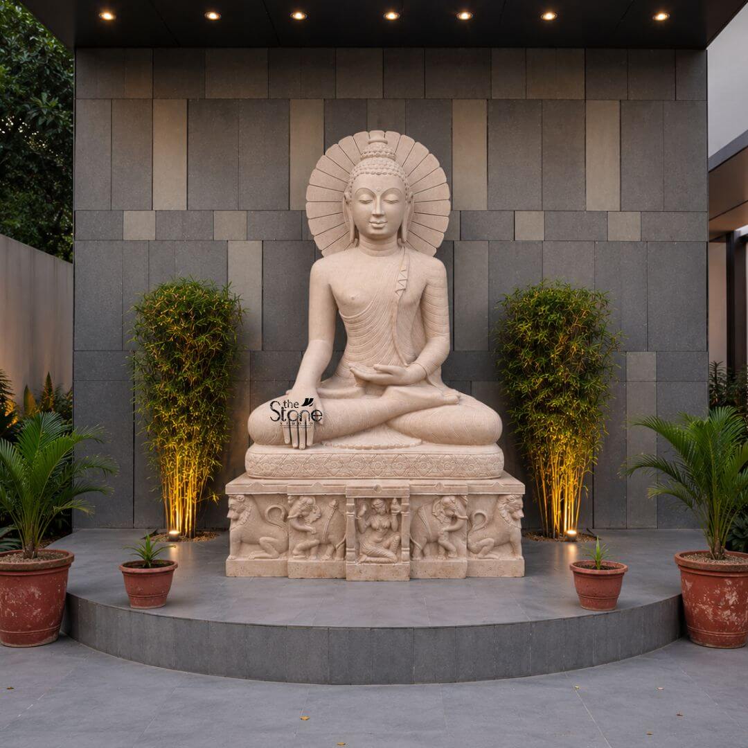 6 feet Buddha Statue 3 A majestic 6-foot Stone Buddha statue serving as an impressive Big Buddha Stone Statue for Garden dominates a beautifully illuminated outdoor setting. The statue crafted from a light-colored possibly sandstone or marble depicts Buddha in a serene meditative posture seated in the full lotus position symbolizing deep concentration and spiritual enlightenment. His hands are in the Bhumisparsha Mudra with his right hand gently touching the ground and his left hand resting in his lap palms upwards symbolizing his moment of enlightenment. The light color of the stone lends a calming and timeless elegance to the sculpture. The Buddha's facial features are exquisitely carved radiating profound peace and wisdom with eyes gently closed or cast downwards in deep contemplation. His head is adorned with tightly coiled hair culminating in the ushnisha the cranial bump symbolizing his supreme spiritual knowledge. A prominent halo-like aureole with radiating lines frames his head further emphasizing his divine presence and enlightenment. The flowing drapery of his robes is sculpted with soft elegant folds enhancing the statue's graceful and tranquil form. The statue is seated upon a large ornate rectangular pedestal intricately carved with various figures possibly depicting mythological scenes animals, or devotees adding a rich cultural and narrative layer. This entire grand arrangement is placed on a raised semicircular grey platform which is subtly lit from below creating a dramatic and reverent ambiance. Flanking the statue are tall slender green plants with yellow uplighting further accentuating the serene atmosphere. In the foreground smaller potted plants add greenery. The background features a modern grey tiled wall against which the radiant Buddha stands as a powerful symbol of peace and enlightenment perfectly aligning with an article discussing large Buddha stone statues for gardens.