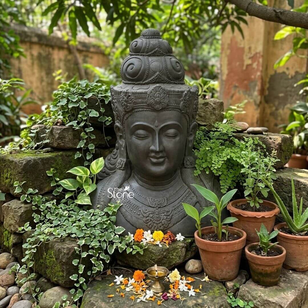Shiva Bust Statue 30" 3 A striking 2.5 Feet Blackstone Shiva Bust Statue rendered in a distinct Indonesian Style is beautifully nestled amidst a lush outdoor garden creating a serene and spiritual focal point. This exquisite sculpture carved from dark blackstone depicts Lord Shiva's head and upper torso. His eyes are gently closed in deep meditation conveying profound introspection and divine tranquility a hallmark of traditional Indonesian artistry. The smooth dark surface of the blackstone subtly reflects the surrounding greenery enhancing its mystical presence within the natural environment. Shiva is adorned with an elaborate crown meticulously designed with intricate swirls floral motifs and traditional patterns characteristic of Indonesian Style sculpture. His hair is styled in a jatamukuta, a coiled ascetic's bun adding to his iconic representation. Beneath the crown delicate decorative bands encircle his forehead and his face features a composed expression with full lips evoking timeless wisdom. Along his chest detailed necklaces and chest plates are carved showcasing the rich cultural aesthetics of Indonesia. The dark tone of the blackstone stands in elegant contrast to the vibrant greens of the plants. The bust is thoughtfully integrated into its garden setting surrounded by natural elements. It rests among stacked rough stones intertwined with trailing green vines and delicate ferns. In front of the statue on a flat stone a small brass oil lamp is placed amidst scattered fresh white and orange flowers indicating active reverence and offerings. To the right several terracotta pots hold various young plants including aloe vera further enhancing the natural and devotional ambiance. This detailed description effectively connects the visual elements of the 2.5 Feet Blackstone Shiva Bust Statue with its Shiva Head Sculpture in Indonesian Style and its peaceful garden placement.