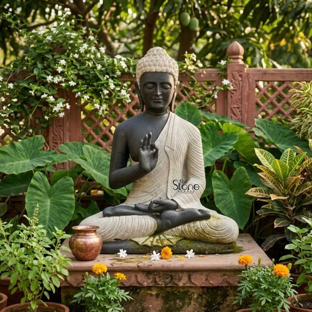 2.5ft Buddha Sculpture for Garden 3 A tranquil 2.5-foot Buddha idol crafted from a striking combination of grey and black stone set within a lush vibrant garden as detailed in an article about such sculptures. The Buddha is depicted in a seated meditative posture with his right hand raised in the Vitarka Mudra and his left hand resting gently in his lap. The body is sculpted from a deep rich black stone providing a strong grounding presence while his robes and the tightly curled hair on his head are rendered in a contrasting lighter grey or off-white stone highlighting these features. The robes are meticulously carved with flowing realistic folds and pleats suggesting the soft drape of fabric adding a sense of serenity and refined detail. The Buddha's face exudes profound inner peace and enlightenment characterized by downcast eyes a gentle nose and subtle lips all contributing to his contemplative expression. The tightly curled hair a distinctive iconographic feature, is intricately textured in the lighter stone, adding depth and authenticity to the sculpture. His elongated earlobes are also visible. The statue is placed on a raised stone platform adorned with fresh white and orange flowers scattered around its base. A traditional copper pot and more potted plants surround the platform creating a sacred and inviting ambiance. The background features a beautiful garden with large leafy plants delicate white flowering vines and a rustic wooden trellis enhancing the natural and spiritual setting. This 2.5-foot Buddha idol with its harmonious blend of grey and black stone serves as a focal point for peace and reflection perfectly complementing any garden space.