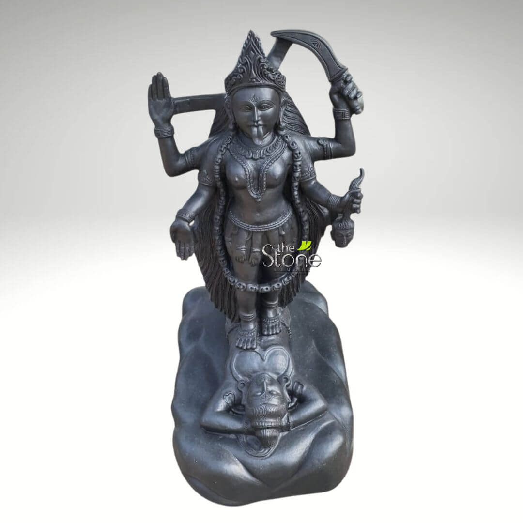 Dakshineswar Maa Kali Statue 27" 3 highly detailed and imposing black stone sculpture of the Hindu goddess Kali, radiating power and divine energy, stands majestically against a plain, light gray background. The entire piece appears to be crafted from a dark, possibly polished black granite or marble, showcasing intricate carvings and a formidable presence. The multi-armed goddess Kali is depicted upright, her feet resting upon the chest of a supine, male figure, commonly identified as Lord Shiva. She wears an elaborate tiered crown adorned with detailed patterns, and her facial features are sharp and divine, with large eyes, a defined nose, and an intense yet serene expression. A small, subtle protrusion from her mouth might suggest her tongue, a common iconography for Kali. Numerous garlands adorn her form: a prominent, long mala (necklace) of skulls or severed heads drapes from her neck, reaching down to her thighs, symbolizing triumph over ego and death. She also wears several layered beaded necklaces, intricate armlets, bracelets, and anklets. Her upper body is bare, revealing her prominent breasts, while a richly detailed dhoti or skirt, secured by an ornate belt, covers her lower half. Kali is portrayed with eight arms, each holding a significant attribute or displaying a symbolic gesture (mudra). Her front upper right hand wields a formidable, curved sword (khadga), while her front upper left hand is raised in an open palm gesture, possibly the Abhaya Mudra, signifying fearlessness or protection. A lower left hand firmly grasps a freshly severed head by its hair, and a lower right hand holds a smaller, possibly ceremonial object, perhaps a kapala (skull cup) or a small trident. Other hands are poised in various mudras or hold less distinct items, further emphasizing her multifaceted power. Beneath Kali's feet, Lord Shiva lies peacefully on his back, his hands clasped behind his head in a relaxed, contemplative posture. His face, serene and calm, provides a stark contrast to the fierce dynamism of Kali above him, symbolizing the balance of creation and destruction, and Shiva's role as the unmoving observer. The entire sculpture rests on a rugged, irregular base, carved to resemble natural rocky terrain, providing a sturdy foundation for the intricate figures. The monochromatic black hue accentuates the depth and texture of the carving, making every detail stand out. The "the Stone" watermark is visible near the bottom center, likely indicating the artisan or vendor of this exquisite stone carving. This powerful and beautifully crafted Kali statue is a profound representation of divine feminine energy, protection, and transformation within Hindu mythology, ideal for spiritual practices, home altars, or as a striking example of traditional Indian devotional art.