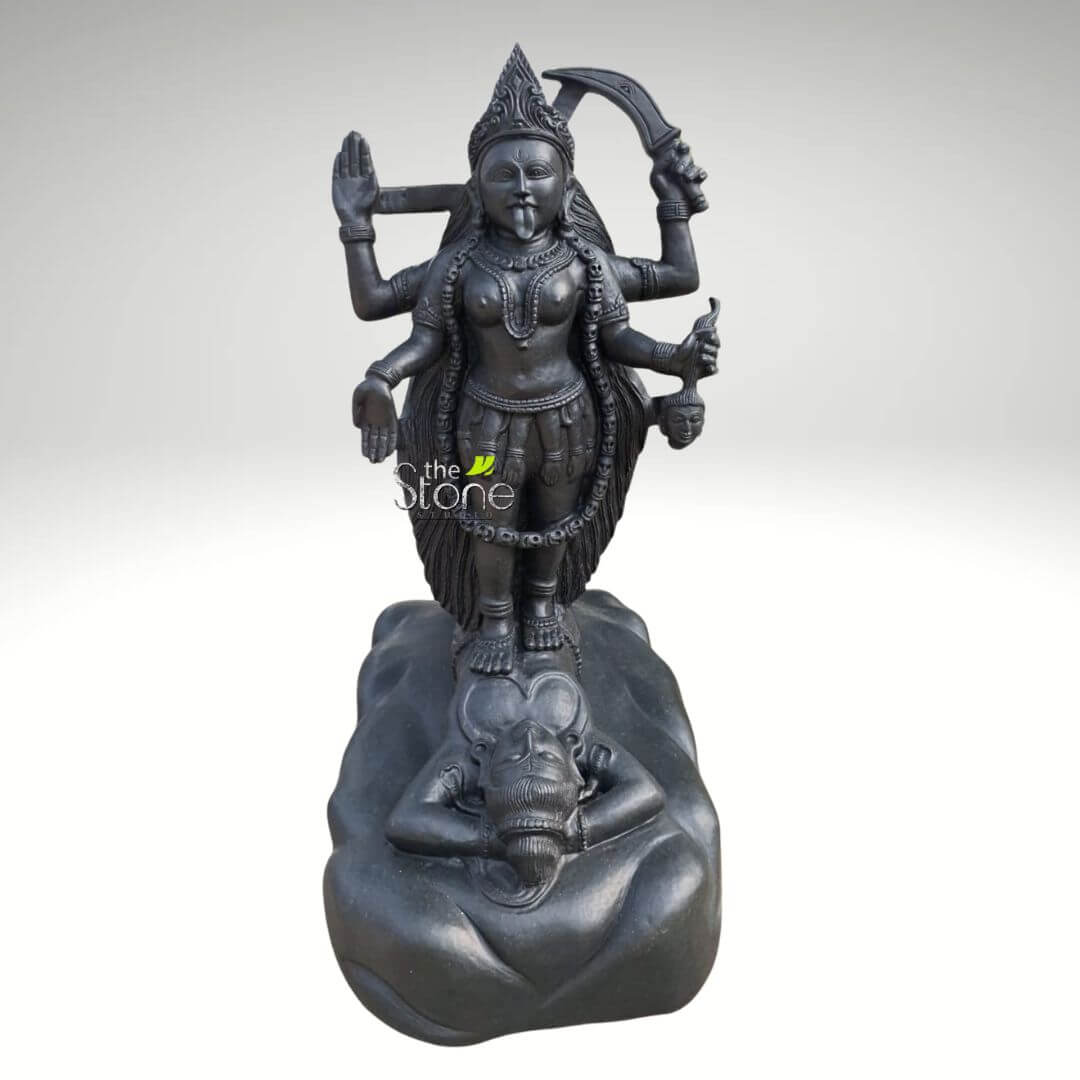 Dakshineswar Maa Kali Statue 27" 2 highly detailed, majestic statue of the Hindu goddess Kali, carved from what appears to be a polished black stone, stands centrally against a plain, light gray background. The goddess is depicted with a fierce yet powerful expression, her wide eyes gazing forward intently, and a long, prominent tongue protruding from her mouth. She wears an elaborate, multi-tiered conical crown adorned with intricate patterns, and her long, dark hair flows down her back and sides. Kali is portrayed with four arms, symbolizing her multi-faceted power. Her upper right hand firmly grasps a curved chopper or sword (khadga), a weapon often associated with the destruction of ignorance and ego. Her lower right hand holds a freshly severed head by its hair, a potent symbol of liberation from earthly attachments and the cycle of death and rebirth. Her upper left hand is raised in the Abhaya Mudra, a gesture of fearlessness and protection, while her lower left hand is open, palm outward, suggesting a gesture of granting boons or blessings. Her robust form is adorned with numerous necklaces, armbands, and anklets. A striking feature is the long garland of severed heads or skulls (munda mala) draped around her neck and chest, symbolizing her power over time and death. A skirt-like garment, intricately carved and possibly representing a girdle of severed arms or heads, encircles her waist. The goddess stands triumphantly with both feet planted firmly on the chest of a recumbent male figure, traditionally identified as Shiva. This figure lies supine, appearing tranquil or unconscious, with his eyes closed, a beard, and a serene expression, symbolizing the cosmic balance and the grounding force over which Kali's dynamic energy operates. The recumbent figure rests on an irregularly shaped, rugged base that suggests a rocky terrain or natural landscape. This stunning black stone sculpture of Goddess Kali, with its intricate details and powerful symbolism, would be a focal point for any discussion on Hindu mythology, tantric traditions, divine feminine power (Shakti), the cycles of creation and destruction, or the artistry of spiritual idols and deity figures from India. The dark, reflective stone enhances the gravitas and intensity of the deity's portrayal.