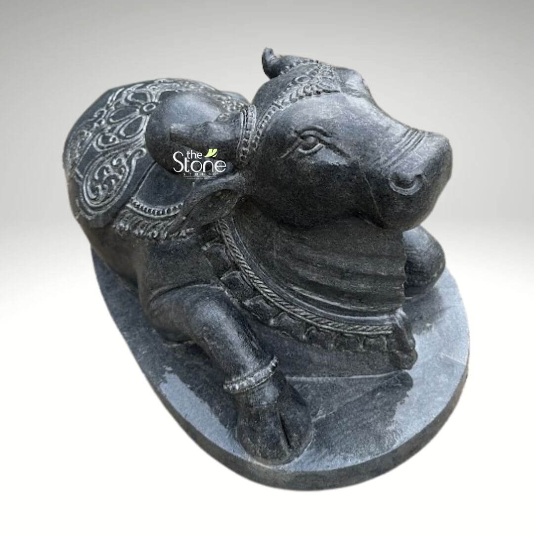 2ft Nandi Bull Stone Idol 2 An exquisitely hand-carved 2-foot tall black granite Nandi statue masterfully designed to serve as a majestic spiritual centerpiece for a home mandir or temple foyer .This black stone Nandi idol captures the sacred bull the loyal vehicle of Lord Shiva in a serene and stable recumbent posture atop a polished oval pedestal. The sculpture showcases exceptional craftsmanship with highly intricate detailing. Nandi is adorned with traditional temple ornaments including multiple layers of carved beaded necklaces around its neck and a decorative headpiece. A richly detailed caparison decorative blanket featuring rhythmic floral relief patterns and fine borders is draped across its back and prominent hump. The deep charcoal-black hue and the naturally grainy texture of the stone emphasize the artisan's attention to detail giving the idol a timeless rustic appeal. This durable and weather-resistant 2ft Nandi sculpture is ideal for creating an atmosphere of devotion and strength in any sacred space whether placed at the entrance of a temple or within a personal prayer room designed to invite divine protection and peace into the environment.