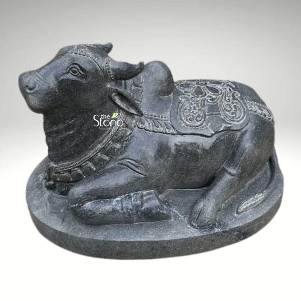 An exquisitely hand-carved 2-foot tall black stone Nandi bull idol masterfully sculpted from premium natural stone to serve as a majestic spiritual centerpiece for a home mandir or temple foyer. The statue depicts the sacred bull the loyal vehicle (vahana) of Lord Shiv, in a serene and stable recumbent posture atop a polished oval pedestal. The sculpture showcases exceptional craftsmanship with highly intricate detailing. Nandi is adorned with traditional temple ornaments including a carved bell necklace and beaded garlands around its sturdy neck. A richly detailed caparison or decorative blanket featuring rhythmic floral relief patterns and fine borders is draped across its back and prominent hump. The deep charcoal-black hue and the naturally grainy texture of the stone emphasize the artisan's attention to detail giving the idol a timeless rustic appeal. This durable and weather-resistant 2ft Nandi sculpture is ideal for creating an atmosphere of devotion and strength in any sacred space whether placed at the entrance of a temple or within a personal prayer room designed to invite divine protection and peace into the environment.