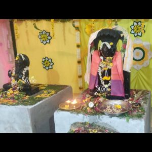 A devotional scene from a sacred space in Telangana, showcasing two hand-carved stone statues being worshiped in a vibrantly decorated shrine. The primary idol on the right, masterfully sculpted from natural black stone, is elegantly draped in a traditional pink silk cloth with golden borders and a white sacred shawl. It is further adorned with fresh flower garlands and traditional jewelry. Both stone statues are positioned on individual raised concrete platforms, which are covered with a scattering of ritualistic flowers and green grass. In the foreground, a brass plate holds a lit oil lamp (diya) that casts a warm, spiritual glow, alongside a silver puja thali containing ritual offerings. The backdrop consists of festive bright yellow fabric walls, embellished with large handcrafted floral patterns in white, yellow, and green. This image beautifully illustrates the rich spiritual tradition of using natural black stone idols as a focal point for prayer and meditation in the Telangana region, highlighting the seamless blend of ancient stone craftsmanship and vibrant local cultural decor.