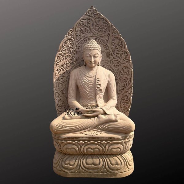 A magnificent 5-foot tall Garden Buddha Statue hand-carved from premium natural off-white sandstone, serving as a majestic spiritual centerpiece for high-end landscape design. The sculpture depicts Lord Buddha in a serene and profound meditative posture, seated in the traditional Padmasana (lotus position) with his hands resting calmly in his lap in the Dhyana Mudra, symbolizing absolute tranquility and inner peace. The central figure features a peaceful facial expression with downcast eyes, elongated earlobes, and a detailed ushnisha. It is framed by an exceptionally detailed, flame-shaped stone backplate (stele) that showcases an array of intricate traditional floral relief patterns and a circular halo design directly behind the head. The entire off-white sandstone statue is anchored by a sturdy, multi-tiered pedestal meticulously sculpted with large, graceful lotus petals. The natural grainy texture and soft light-toned finish of the sandstone give the piece a timeless, antique temple aesthetic that blends seamlessly with garden greenery. This large-scale Buddha idol is an ideal choice for transforming a residential courtyard, Zen garden, or meditation sanctuary into a peaceful and auspicious environment, inviting an aura of mindfulness and divine protection.