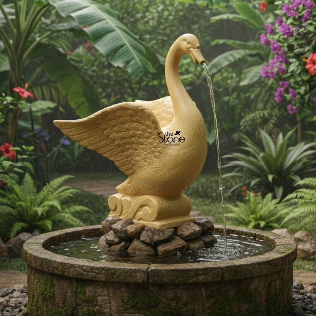 Garden Duck Fountain 2ft 3 A majestic 2-foot tall luxury duck garden fountain serves as a serene centerpiece in a lush, tropical landscape. The water feature, masterfully crafted from durable fibre, depicts an elegant swan-style duck with its wings spread wide, showcasing detailed, rhythmic feather patterns. A continuous, graceful stream of water flows from the bird’s beak into a rustic, circular stone basin. The sculpture is elevated on a pile of natural brown river stones within the pool, enhancing its organic appeal. The fountain is artfully nestled among vibrant garden greenery, including large-leafed tropical plants and ferns, accented by the deep red and purple hues of blooming hibiscus and bougainvillea. The soft, sun-dappled lighting and the presence of moisture in the air highlight the fountain's role in creating a tranquil Zen sanctuary. This 2-foot fibre water fountain perfectly illustrates how high-end artistic craftsmanship can be integrated into outdoor landscape design to invite an atmosphere of peace, mindfulness, and timeless elegance into a home’s garden or courtyard.