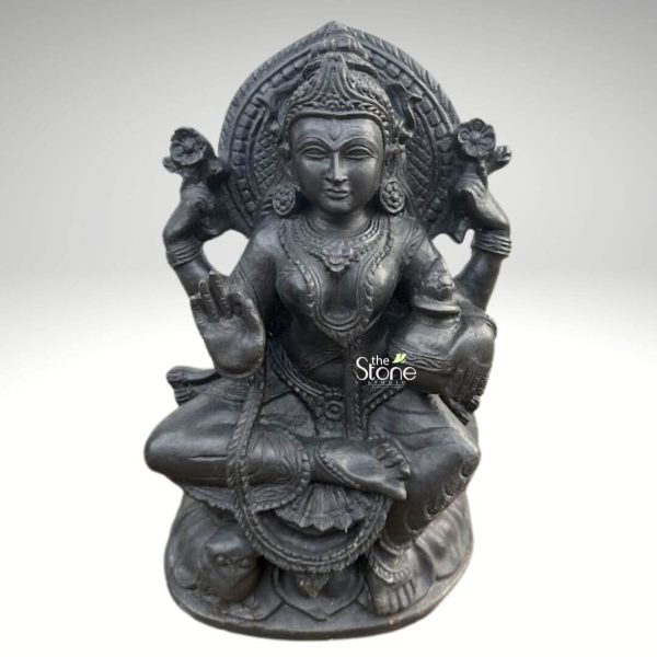 This image features a radiant 12-inch Maa Lakshmi Stone Statue expertly carved from polished blackstone. The statue depicts Goddess Lakshmi the deity of wealth and prosperity seated gracefully in a traditional posture against a neutral background. Maa Lakshmi is shown seated in Padmasana with her right hand raised in Abhaya Mudra and her left hand holding a kalash from which coins or riches typically flow though here the details are subtle. She is richly adorned with intricate ornaments carved directly into the blackstone including multiple necklaces, earrings, armlets, wristlets, and anklets. Her face has a serene and benevolent expression, with finely sculpted features and a decorative crown. In her two upper hands, she holds lotus flowers, her iconic symbols. The statue is backed by a beautifully carved blackstone archway which features traditional scrollwork and decorative patterns, creating a halo-like effect behind her head. The entire Lakshmi figure sits on a multi-tiered, ornate blackstone pedestal, which is also intricately carved with patterns, including lotus petals, reinforcing her association with the lotus. The polished surface of the blackstone statue reflects light subtly, highlighting the exquisite details of the carvings and enhancing the divine presence of Maa Lakshmi. This idol is a perfect embodiment of prosperity and grace.