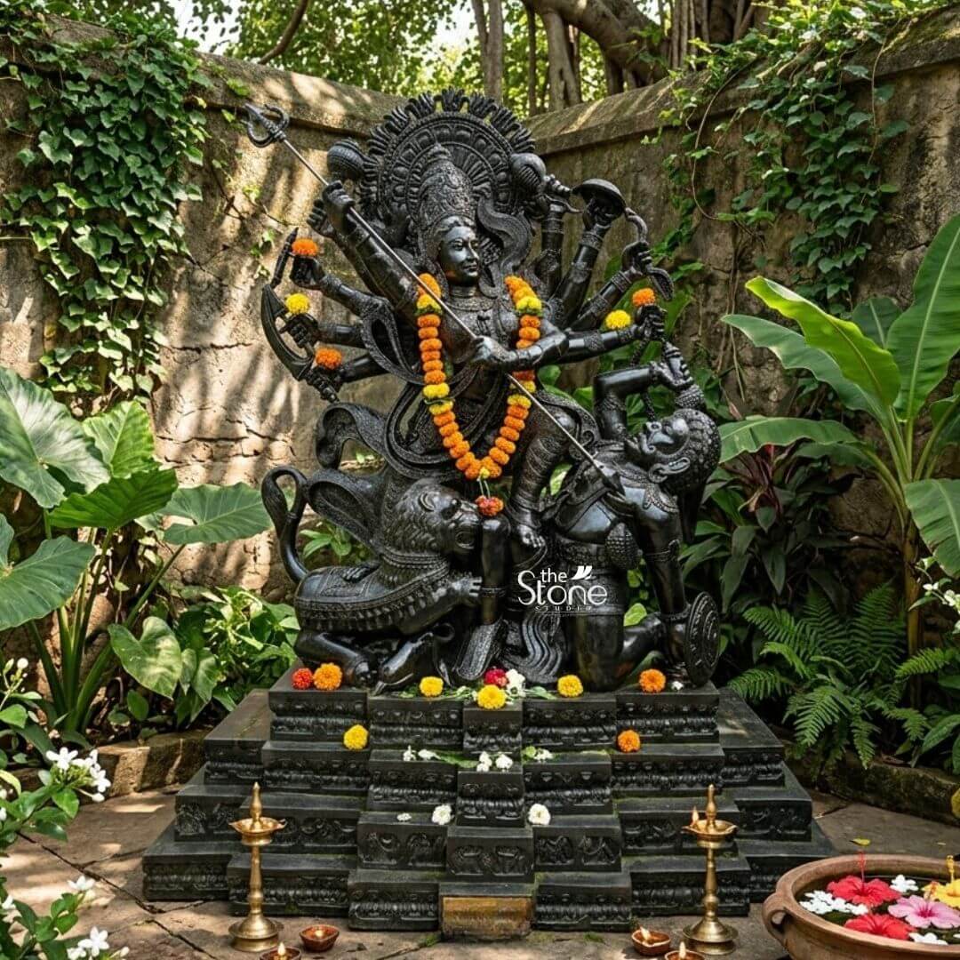 6ft Mahishasura Mardini Durga Statue 3 A stunning 6-foot blackstone sculpture of Mahishasura Mardini Durga is presented outdoors amidst lush greenery, creating a serene and sacred ambiance. The multi-armed goddess Durga is depicted in a powerful stance, triumphing over the demon Mahishasura who is shown in his human-animal hybrid form. Durga's many hands hold various divine weapons including a trident sword, and bow signifying her immense power. She wears a vibrant orange and yellow floral garland, draped elegantly across her chest, and individual marigold flowers are scattered around the base of the statue and on the multi-tiered blackstone pedestal. To Durga's left, her lion mount is intricately carved, adding to the dynamic composition. The dark, polished blackstone contrasts beautifully with the surrounding natural elements: large green leaves, ferns, and climbing vines that adorn a stone wall behind the sculpture. In the foreground, several traditional brass oil lamps and a large earthen pot filled with water and floating red and yellow flowers further enhance the devotional setting. The sculpture's detailed craftsmanship and the verdant environment create a truly captivating and spiritual scene, perfect for an article about this magnificent Mahishasura Mardini statue.