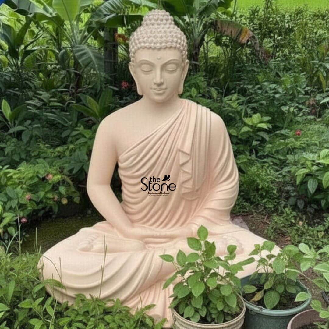 Buddha Statue for Home Decor 4 Feet 3 A serene 4-foot fiber Buddha decor statue is beautifully situated in a lush outdoor garden setting surrounded by various green plants and foliage with hints of larger banana leaves in the background. The statue is crafted from a light, possibly off-white or very pale pink fiber giving it a smooth and calming aesthetic. Buddha is depicted in a profound seated meditation posture with his legs crossed and his hands resting gently in his lap palms facing upwards in Dhyana Mudra. Buddha's face exudes tranquility, with downcast eyes and a subtle smile, embodying deep inner peace and contemplation. His hair is composed of tight, uniform curls, meticulously carved, and topped with an ushnisha symbolizing heightened spiritual wisdom. The flowing robes are sculpted with soft graceful folds elegantly draping over his left shoulder and across his body revealing his right shoulder. The smooth finish of the fiber material highlights every detail of his serene form. The statue appears to rest directly on the ground integrating harmoniously with the natural environment. In the foreground small potted plants add to the lush setting. This detailed image effectively conveys the spiritual essence and artistic craftsmanship of the fiber Buddha statue, making it highly relevant to an article discussing decor options for living rooms or tranquil spaces.