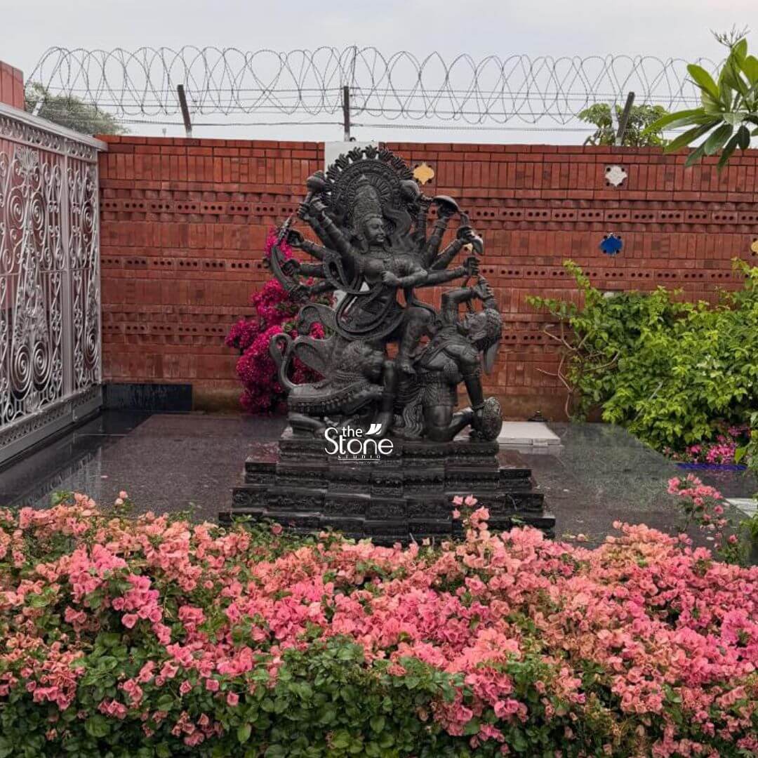 6ft Mahishasura Mardini Durga Statue 7 A majestic 6-foot Durga Maa statue meticulously carved from black stone stands prominently in an outdoor setting likely a garden or courtyard in Chandigarh as indicated by the article's context. The powerful deity is depicted in her Mahishasuramardini form actively engaged in the act of vanquishing the buffalo demon Mahishasura. Durga Maa with multiple arms wields various weapons symbolizing her divine strength and protective power. She is shown standing triumphantly over the demon who is depicted in a human-like form emerging from the slain buffalo. The statue's intricate details are striking from the elaborate headdress and jewelry adorning Durga Maa to the fierce expressions and dynamic postures of both figures. The black stone material lends a dramatic and imposing presence to the sculpture with subtle variations in tone highlighting the sculptural forms and textures despite the absence of color. The base of the statue is also crafted from black stone featuring multiple tiers and possibly subtle decorative carvings that add to its grandeur. The statue is set amidst a vibrant display of pink bougainvillea flowers in the foreground creating a striking contrast between the dark powerful sculpture and the soft colorful blooms. In the background a rustic red brick wall provides a strong visual anchor topped with barbed wire suggesting a secure or private compound. Lush green foliage and other plants frame the scene enhancing the natural outdoor environment. The overall composition underscores the grandeur and spiritual significance of this large black stone Durga Maa statue perfectly aligning with an article about such a prominent installation in Chandigarh.