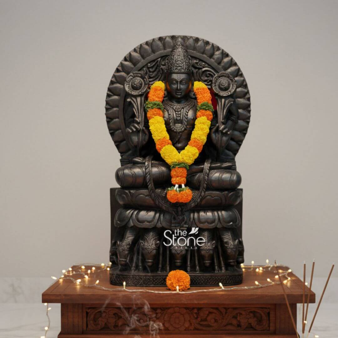 Surya Dev Black Stone Statue 30" 3 A majestic 2.5-feet black stone Surya Bhagwan statue is presented in a devotional setting, illuminated by warm lights, against a plain light background. The sculpture depicts Surya Dev the Hindu solar deity seated in a regal posture embodying power and enlightenment. The entire statue is meticulously carved from rich dark black stone, which gives it a profound and traditional presence. It is adorned with a fresh garland of vibrant orange and yellow marigold flowers draped around its neck. Surya Dev is shown with two arms each holding a blooming lotus flower symbols of purity and creation extending upwards from his shoulders. He is richly adorned with an elaborate crown, intricate necklaces, armlets, and a sacred thread across his chest. His serene face, with slightly downcast eyes, radiates benevolence. Behind his head rises a grand, circular prabhavali intricately carved with lotus petals radiating outwards, symbolizing the sun's rays and his divine effulgence. The most distinctive feature of the statue is its base: Surya Dev is seated atop a chariot driven by seven horses, which are exquisitely carved in a row beneath his lotus throne, representing the the seven colors of the rainbow or the seven days of the week. The statue rests on a beautifully carved dark wooden pedestal, which is adorned with twinkling fairy lights. In front of the statue, on the pedestal, a loose marigold flower and three sticks of incense burning, with visible smoke, contribute to the devotional atmosphere. This detailed image powerfully conveys the spiritual majesty and artistic craftsmanship of the black stone Surya Dev statue, making it highly relevant to an article discussing such revered idols.