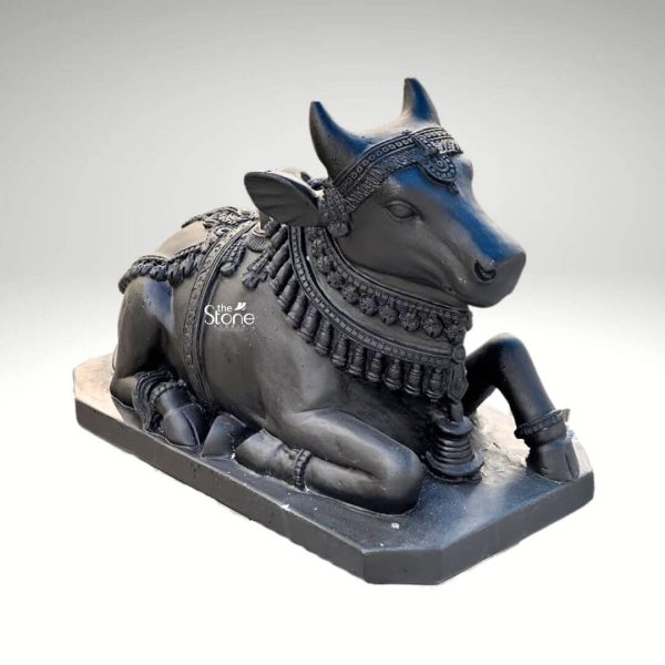 A majestic 2.5-foot black stone Nandi Bull statue designed as a sacred adornment for a home is prominently featured against a clean neutral background emphasizing its intricate details and serene presence. This exquisite sculpture depicts Nandi the revered vahana of Lord Shiva in a classic reclining posture symbolizing patience devotion and strength. The bull is shown lying down with its legs folded beneath its body its head gracefully turned slightly to the right looking forward. The craftsmanship of the statue is exceptional showcasing the smooth deep black stone that beautifully accentuates Nandi's powerful yet calm form. The bull is richly adorned with meticulously carved traditional Indian jewelry and ceremonial embellishments. These include an elaborate crown or headpiece on its forehead intricately designed necklaces with dangling ornaments around its neck and decorative blankets or saddle covers carved onto its back all integrated seamlessly into the stone. The details of the ornaments such as beads bells and patterns are finely rendered enhancing the statue's divine appearance. Nandi's facial features are finely sculpted with a calm and benevolent expression characterized by gentle eyes a strong snout and well-formed horns. The texture of the black stone with its inherent depth and subtle sheen gives the statue a timeless and dignified quality. The bull rests on a sturdy rectangular black stone base which provides stability and a formal presentation. This 2.5-foot blackstone Nandi Bull statue is not merely a decorative item but a powerful spiritual artifact, ideal for a home temple entrance or garden inspiring devotion and bringing an auspicious presence to the living space as highlighted in an article about such home decor.