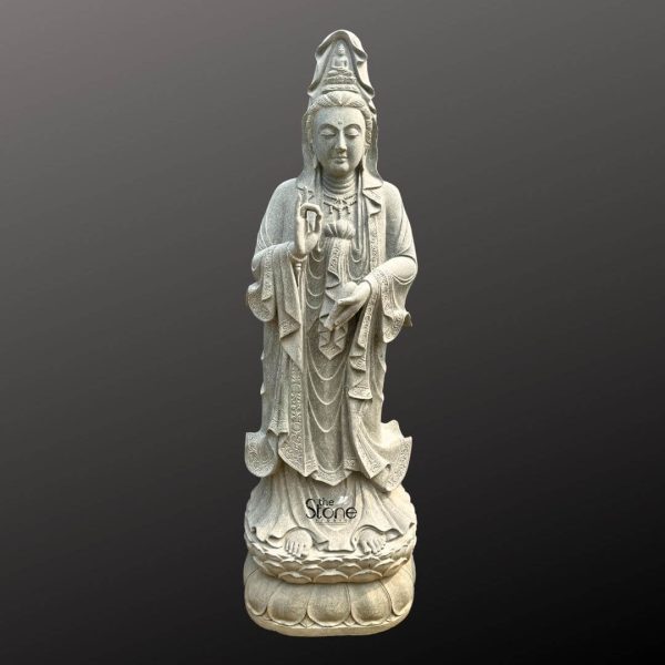 A magnificent 6-foot tall Guan Yin statue meticulously carved from black stone stands elegantly on a lotus pedestal embodying compassion and grace. The Bodhisattva is depicted in a flowing robe with intricate folds that cascade down to her feet suggesting movement and ethereal beauty. Her hands are positioned in a gentle mudra with one hand holding a lotus bud symbolizing purity spiritual awakening and enlightenment. Her serene face features downcast eyes a compassionate expression and finely detailed hair cascading from beneath an ornate crown which often holds a small figure of Amitabha Buddha. The black stone material lends a profound timeless quality to the sculpture with subtle variations in its texture visible across the robes and facial features. Despite being black stone the surface shows a lighter almost greyish tone in this lighting, highlighting the intricate carvings and delicate details of her jewelry the patterns on her robes and the fine lines of her facial features. The base of the statue is a beautifully carved lotus flower symbolizing purity and transcendence providing a dignified and traditional foundation. Presented against a plain dark grey background the majestic height and intricate details of the Guan Yin statue are beautifully accentuated. Its impressive 6-foot stature ensures it makes a commanding and deeply spiritual presence ideal for a temple a meditation garden or a grand interior space. This sculpture of Guan Yin the Goddess of Mercy serves as a powerful symbol of universal compassion peace and solace.