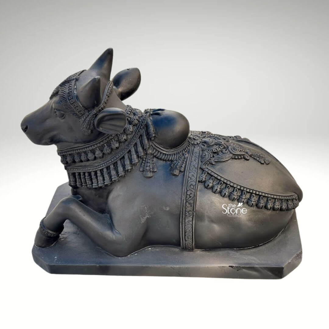 Black Nandi Bull Statue for Home 2.5ft 9 A majestic 2.5-foot traditional black stone Nandi Bull idol is prominently featured against a clean neutral background emphasizing its intricate details and sacred presence perfectly suited for temple decor. This exquisite sculpture depicts Nandi the revered vahana of Lord Shiva in a classic reclining posture symbolizing unwavering patience devotion and strength. The bull is shown lying down with its legs gracefully folded beneath its body its head turned slightly to the left looking forward with a calm and benevolent expression. The craftsmanship of the idol is exceptional showcasing the smooth deep black stone that beautifully accentuates Nandi's powerful yet serene form. The bull is richly adorned with meticulously carved traditional Indian jewelry and ceremonial embellishments. These include an elaborate crown or headpiece on its forehead intricately designed necklaces with dangling ornaments around its neck and decorative blankets or saddle covers carved onto its back all integrated seamlessly into the stone. The details of the ornaments such as beads, bells and elaborate patterns are finely rendered enhancing the idol's divine appearance and cultural authenticity. A prominent hump is visible on its back adding to its realistic depiction. Nandi's facial features are finely sculpted with a tranquil and benevolent expression characterized by gentle eyes a strong snout, and well-formed horns that rise gracefully from its head. The texture of the black stone with its inherent depth and subtle sheen gives the idol a timeless and dignified quality ideal for veneration. The bull rests on a sturdy rectangular black stone base which provides stability and a formal presentation consistent with an object of worship. This 2.5-foot blackstone Nandi idol is not merely a decorative item but a powerful spiritual artifact inspiring deep devotion and bringing an auspicious presence as a traditional centerpiece for temple decor.
