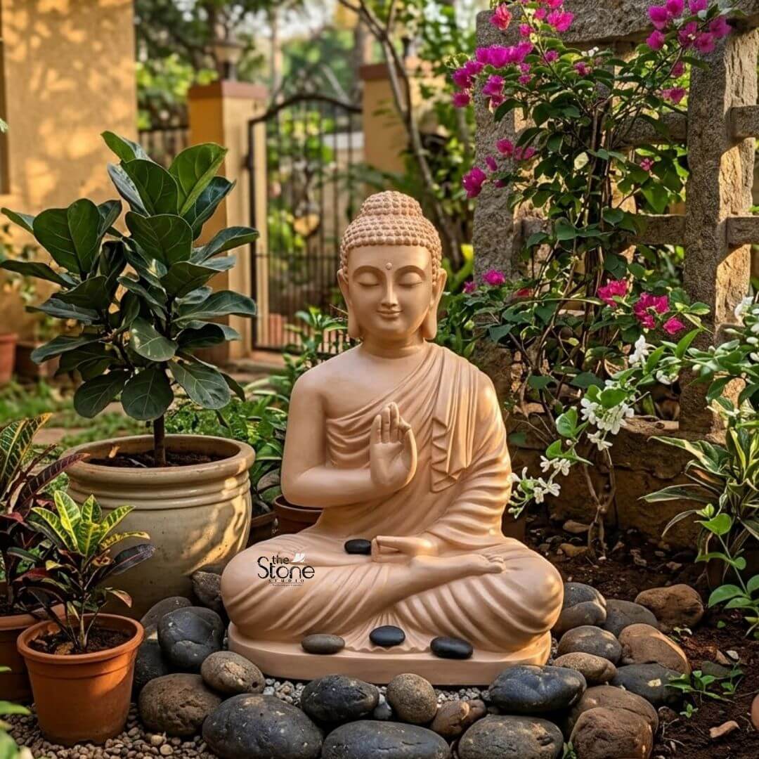 Buddha Statue for Zen Decor 2ft 3 A serene 2-foot fiber Buddha statue with a smooth light beige finish is beautifully nestled in a tranquil outdoor garden setting making it an ideal Peace Buddha statue for home decor. The Buddha is depicted in the Vitarka Mudra with his right hand raised palm outward and thumb and index finger touching to form a circle symbolizing the teaching and transmission of Buddhist doctrines. His left hand rests gently in his lap palms upward. Seated in full lotus position his eyes are gently closed conveying profound inner peace and spiritual wisdom while a subtle smile graces his lips and his elongated earlobes are visible all characteristic features of traditional Buddha iconography. The detailing on the statue is meticulously rendered from the individual curls of his hair gathered in a prominent topknot to the graceful natural folds of his monastic robe that drape softly over his left shoulder and body. The smooth matte finish of the fiber material gives the statue a natural stone-like appearance perfectly aligning with outdoor garden aesthetics. The light beige color evokes a sense of calm and purity enhancing its contemplative presence. The fiber construction ensures that the statue is robust yet lighter than traditional stone offering both aesthetic appeal and practical versatility for a garden. The Buddha statue is surrounded by smooth dark river stones at its base creating a harmonious and natural foundation. Lush green foliage and various potted plants frame the statue with vibrant pink bougainvillea blooming in the background adding splashes of color and life to the peaceful scene. The natural lighting highlights the serene expression and the textures of the garden making this 2-foot fiber Buddha statue a captivating focal point for an article on enhancing home decor with symbols of peace and tranquility.