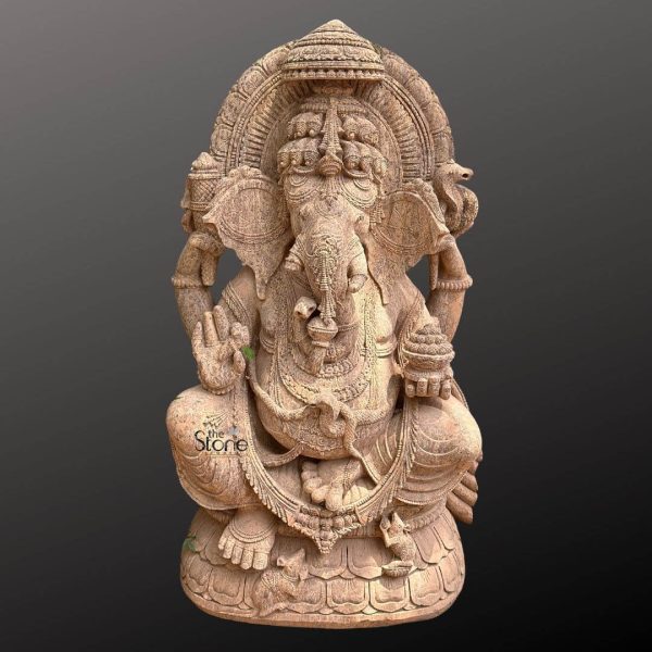 A magnificent 5-foot Vinayaka Stone Statue meticulously carved from sandstone is prominently displayed against a dark gradient background emphasizing its grandeur and intricate details. Lord Ganesha also known as Vinayaka is depicted in a traditional meditative or seated posture with his legs crossed and his multiple arms holding characteristic attributes. His iconic elephant head with large welcoming ears a prominent trunk elegantly curled towards the left and a single broken tusk is rendered with exquisite detail. His benevolent eyes and serene expression convey wisdom and peace befitting the remover of obstacles and god of beginnings. The sandstone material gives the statue a warm earthy brown tone, highlighting the deep relief carvings and smooth contours. Ganesha is richly adorned with finely sculpted ornaments including multiple necklaces armlets and a sacred thread draped across his robust belly all detailed with remarkable precision. One hand is typically in a blessing gesture while others hold a modak an axe and a noose symbolizing various aspects of his divine power and benevolence. Behind his head an elaborately carved prabhavali with concentric floral or geometric patterns frames his divine countenance accentuating his spiritual presence. A small mouse Ganesha's vahana is subtly carved near his feet on the base a traditional detail. The statue sits upon a multi-tiered integrated lotus base also carved from sandstone featuring detailed lotus petals that provide a beautiful and symbolic foundation. The intricate craftsmanship evident throughout the sculpture from the serene expression on Ganesha's face to the details of his attire and the ornate base makes this an ideal representation for an article about 5ft Vinayaka Stone Statues. Its imposing size and authentic traditional design make it a significant object of devotion and a powerful beautiful addition to any spiritual or decorative setting evoking good fortune and spiritual harmony through impressive artistry.