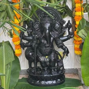 A majestic 2-foot blackstone Ganesha statue stands as the centerpiece of a festive display hinting at its presence in Secunderabad. The statue is intricately carved depicting Lord Ganesha with his iconic elephant head multiple arms, and a powerful regal stance. He is adorned with ornate jewelry and a finely detailed crown holding various traditional attributes in his hands emphasizing his divine authority. The dark polished blackstone material gives the statue a profound and elegant appearance with every sculptural detail from his expressive trunk to the folds of his dhoti clearly visible. The setting around the Ganesha statue enhances its sacred aura. It is surrounded by lush green foliage including broad banana leaves and tall leafy branches creating a natural and reverent backdrop. Vibrant marigold garlands strung with alternating yellow and orange flowers are draped horizontally behind the statue adding a touch of traditional Indian festivity and color. The combination of the solemn blackstone and the lively natural decorations creates a striking contrast making the Ganesha statue a captivating focal point perfectly illustrating the type of Ganesha Stone Statue that might be revered in a place like Secunderabad.