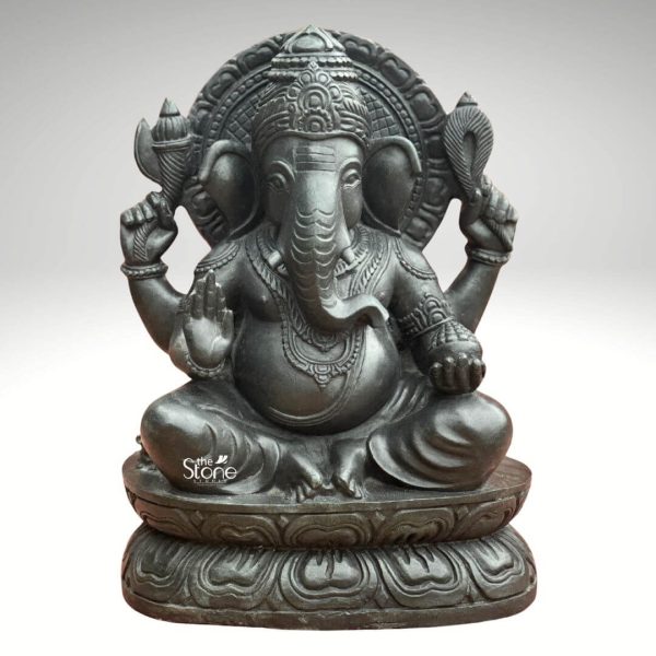 An impressive 18-inch Lord Ganesha Black Stone Murti is prominently displayed against a plain light grey background allowing its intricate details and commanding presence to be the sole focus. Ganesha is depicted in a traditional meditative or seated posture with his legs crossed and hands holding his characteristic attributes. His iconic elephant head with large welcoming ears a prominent trunk elegantly curled towards the left and a single broken tusk is rendered with meticulous detail. His benevolent eyes and serene expression convey wisdom and peace fitting for the remover of obstacles and god of beginnings. The blackstone material gives the statue a rich dark and almost monolithic appearance highlighting the deep relief carvings and smooth contours. Ganesha is richly adorned with finely sculpted ornaments including multiple necklaces armlets and a sacred thread draped across his robust belly all detailed with remarkable precision. One hand is typically in a blessing gesture while others hold a modak an axe, and a noose symbolizing various aspects of his divine power and benevolence. Behind his head an elaborately carved prabhavali with concentric floral or geometric patterns frames his divine countenance accentuating his spiritual presence. The Murti sits upon a multi-tiered integrated lotus base also carved from blackstone featuring detailed lotus petals that provide a beautiful and symbolic foundation. The intricate craftsmanship evident throughout the sculpture from the serene expression on Ganesha's face to the details of his attire and the ornate base makes this an ideal representation for an article about Lord Ganesha Black Stone Murtis. Its striking color and traditional design make it a significant object of devotion and a beautiful powerful addition to any spiritual or decorative setting evoking good fortune and spiritual harmony.