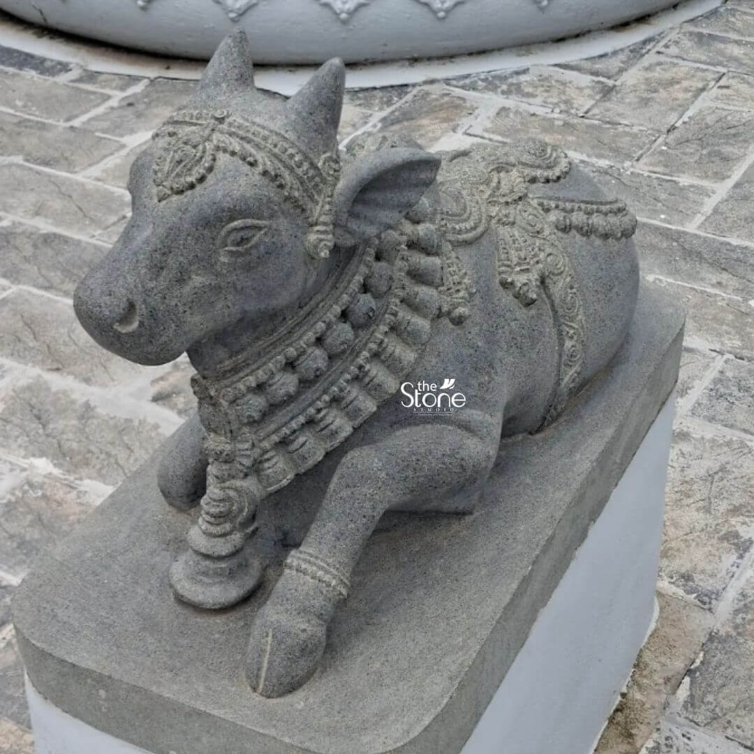 Black Stone Nandi 2ft 9 A serene 2ft Nandi Statue in Kollam meticulously carved from grey blackstone rests gracefully on a stone pedestal outdoors possibly within a temple complex or traditional garden setting in Kollam as suggested by its article context. This 2 feet blackstone Nandi statue depicts Nandi the sacred bull and vehicle of Lord Shiva in a traditional reclining or couchant pose symbolizing patience devotion and strength. The cool grey tone of the blackstone with its subtle variations gives the statue an authentic and ancient appearance fitting for a revered deity. Nandi is richly adorned with intricate carvings that mimic traditional festive decorations. A detailed headpiece or crown graces his forehead and multiple necklaces with bells and ornate patterns encircle his neck all finely sculpted into the stone. His back and sides feature elaborate saddle-like decorations with swirling patterns and floral motifs indicating his readiness for divine service. The texture of the stone is visible highlighting the craftsmanship and the natural beauty of the material. His eyes are gently closed or downcast conveying a sense of peaceful contemplation and unwavering loyalty. The statue sits upon a sturdy rectangular stone base or pedestal which in turn rests on a patterned stone pavement. In the background hints of larger stone structures or walls possibly part of a temple are visible reinforcing the sacred context. The overall composition powerfully conveys Nandi's role as a symbol of dharma and devotion. This detailed description effectively connects the visual elements of the 2 feet blackstone Nandi statue with its spiritual significance and aesthetic qualities making it an ideal representation for an article about a 2ft Nandi Statue in Kollam emphasizing its cultural importance in a specific geographical setting.