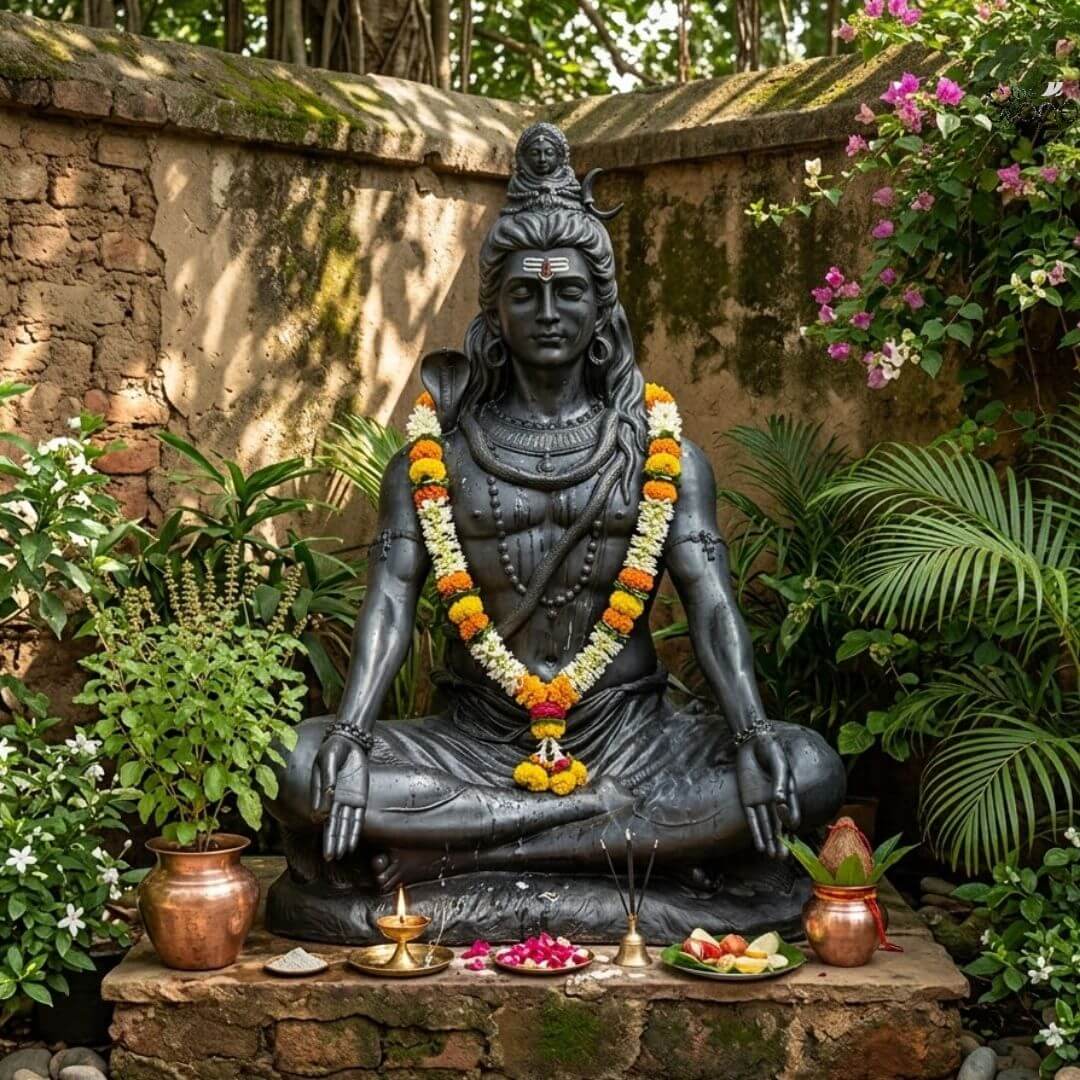 6 Feet Meditating Lord Shiva Statue 3 A magnificent 6-foot Adiyogi Mahadev statue crafted from fiber and finished to resemble dark stone is presented in a serene outdoor setting serving as a powerful spiritual centerpiece. The statue depicts Lord Shiva in a meditative posture adorned with fresh garlands and traditional offerings exuding an aura of profound tranquility cosmic power and divine wisdom. This large-scale fiber Shiva statue ideal for a prominent display captures the essence of Adiyogi the first Yogi and source of Yoga. Lord Shiva's features are sculpted with remarkable detail and serenity: his eyes are half-closed in deep contemplation his long, flowing matted hair is piled high adorned with a crescent moon and a miniature figure of Goddess Ganga. A cobra gracefully coils around his neck and multiple rudraksha bead malas drape across his chest and torso. His hands rest gently in his lap in Dhyana Mudra the gesture of meditation while his muscular yet serene physique is subtly defined beneath his draped lower garment. A striking tilak is visible on his forehead. In the foreground offerings of flowers fruits and a lit oil lamp are meticulously arranged in traditional copper vessels on a stone platform surrounded by lush green plants and vibrant pink flowers creating a sacred space. This 6-foot Adiyogi Mahadev statue is a profound representation of the ultimate reality the destroyer of evil and the source of all yoga and meditation. The exceptional craftsmanship in fiber allows for intricate detailing and a commanding presence making it a visually striking and spiritually significant artifact. This statue not only serves as a focal point for devotion and meditation but also as a majestic piece of art that radiates peace strength and cosmic energy enriching any outdoor space with its profound cultural and religious resonance truly embodying the spirit of Adiyogi.
