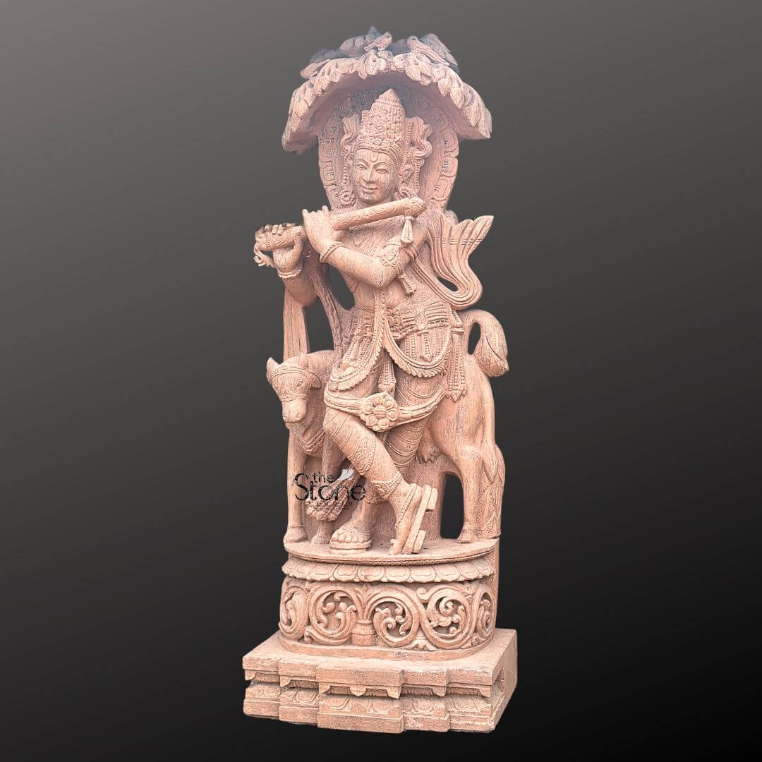 Large Krishna Stone Sculpture with Cow 6ft 2 A majestic 6-foot Krishna statue carved from sandstone prominently displayed against a dark background making it an ideal centerpiece for a garden as suggested by the article. The sculpture depicts Lord Krishna in his characteristic Tribhanga posture gracefully playing his flute. The natural reddish-brown hue and texture of the sandstone lend a timeless and earthy aesthetic to the artwork highlighting the intricate details of the carving. Krishna is adorned with an elaborate crown and traditional jewelry including necklaces armlets and ankle bracelets all meticulously sculpted from the stone. The carving details extend to Krishna's flowing dhoti and sash which show a remarkable sense of movement and drapery. His serene facial expression with a gentle smile and slightly tilted head captures his divine charm and evokes a sense of peace. Standing close to Krishna to his left, is a cow a sacred animal associated with him, depicted with a calm demeanor and soft contours. The cow symbolizes purity abundance and devotion enhancing the pastoral and benevolent aspect of Krishna's persona. The entire sculpture rests on a robust and intricately carved multi-tiered pedesta also crafted from sandstone. The base features traditional Indian architectural motifs and decorative patterns adding to the grandeur and stability of this substantial piece. Above Krishna an ornate canopy or arch resembling lush foliage or an artistic temple arch provides a dignified frame. This 6-foot sandstone Krishna statue is not only a work of art but a profound spiritual representation perfectly suited to enhance the beauty and tranquility of any garden setting as described in the article.