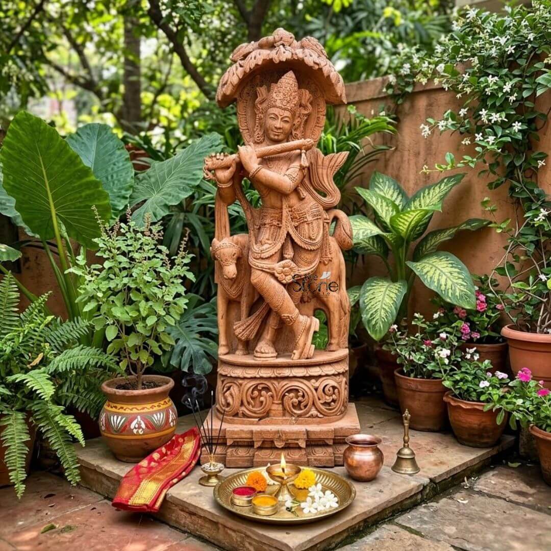 Large Krishna Stone Sculpture with Cow 6ft 3 A captivating 6-foot hand-carved brown sandstone Krishna Murti set in a lush outdoor garden as featured in an article celebrating such sculptures. Lord Krishna is depicted in his iconic Tribhanga pose gracefully holding a flute to his lips emanating divine music. The natural reddish-brown hue and texture of the sandstone lend a timeless and earthy aesthetic to the artwork highlighting the intricate details of the carving. Krishna is adorned with an elaborate crown and traditional jewelry including necklaces armlets, and ankle bracelets all meticulously sculpted from the stone. The carving details extend to Krishna's flowing dhoti and sash which show a remarkable sense of movement and drapery. His serene facial expression with a gentle smile and slightly tilted head captures his divine charm and evokes a sense of peace. Standing close to Krishna to his left, is a cow a sacred animal associated with him depicted with a calm demeanor and soft contours. The cow symbolizes purity abundance and devotion enhancing the pastoral and benevolent aspect of Krishna's persona. The entire sculpture rests on a robust and intricately carved multi-tiered pedestal also crafted from sandstone featuring traditional Indian architectural motifs and decorative patterns. Above Krishna an ornate canopy or arch resembling lush foliage or an artistic temple arch provides a dignified frame. The statue is surrounded by various potted plants and lush greenery with offerings arranged at its base: a brass plate holding a lit diya fresh white and yellow flowers kumkum and turmeric. Incense sticks burn and a red cloth with gold trim is draped nearby creating a sacred and serene ambiance in the garden setting perfectly complementing the hand-carved artistry of the murti.