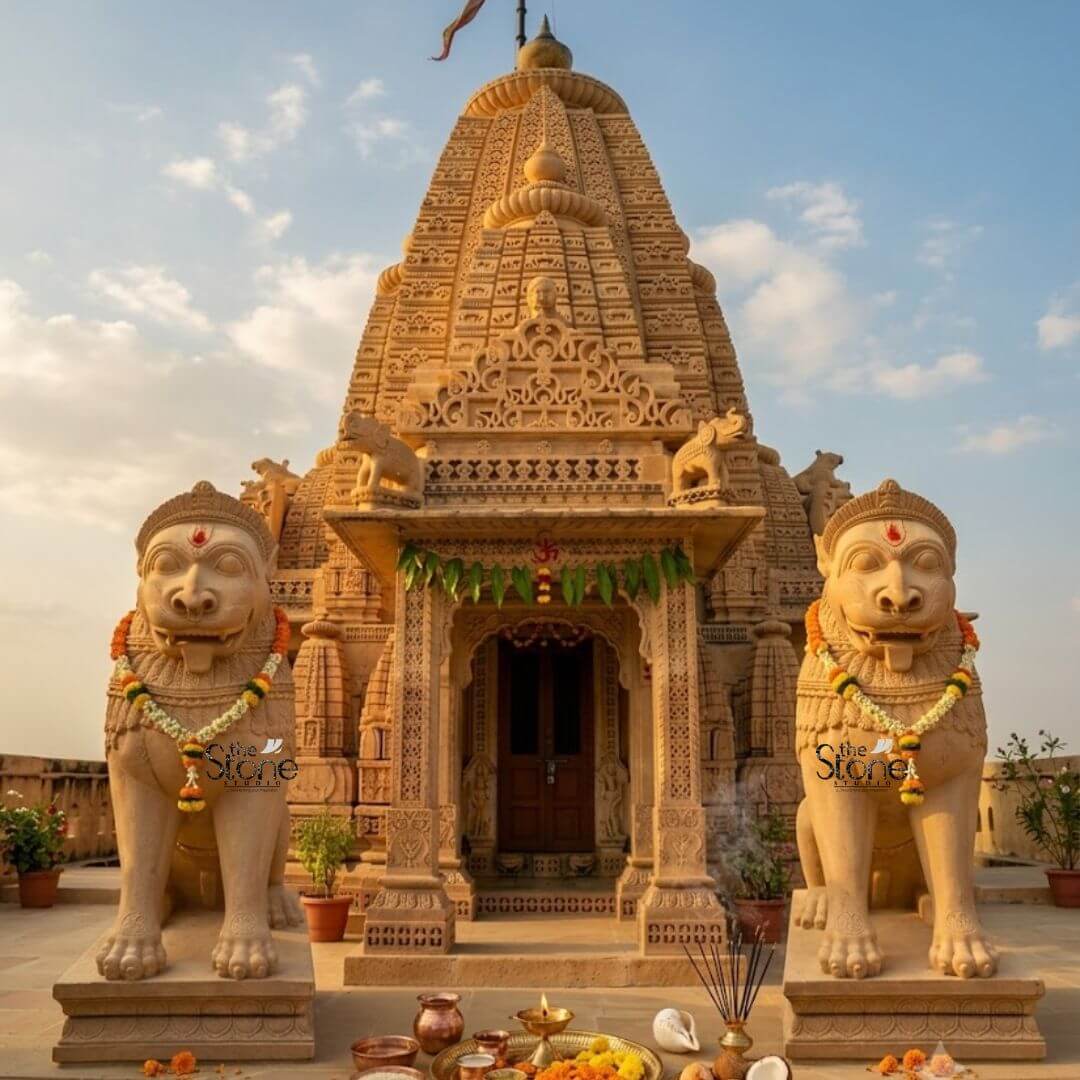Traditional Stone Temple Lion Statue 7ft 3 Two magnificent 7-foot Indian Temple Lion Sculptures carved from off-white sandstone stand majestically as guardians flanking the entrance of a grand intricately carved temple. The statue, adorned with fresh floral garlands are positioned symmetrically facing forward, embodying strength protection and regal authority. The warm light hue of the sandstone of both the lions and the temple itself is bathed in natural daylight under a blue sky creating a serene and awe-inspiring spiritual scene. Each lion sculpture features highly stylized and ornamental details typical of traditional Indian temple art. Their faces are depicted with prominent watchful eyes a broad snout and expressions that convey both ferocity and protective power. Intricate carvings adorn their manes necks and bodies with layers of textured patterns and decorative bands. In the foreground traditional offerings are laid out on a stone surface including lit oil lamps burning incense sticks fresh flowers and food items further enhancing the devotional atmosphere. The temple entrance itself is richly decorated with intricate carvings leading up to a towering shikhara that is also elaborately sculpted. These 7-foot off-white sandstone Indian Temple Lion Sculptures are profound representations of power protection and divine authority serving as essential elements of traditional temple architecture. The exceptional craftsmanship in sandstone not only makes them visually striking pieces but also imbues them with deep cultural and religious significance. These exquisitely detailed statues guarding the entrance of the intricately carved temple radiate strength and an ancient spiritual presence embodying centuries of artistic tradition and architectural grandeur within the rich heritage of Indian temples.