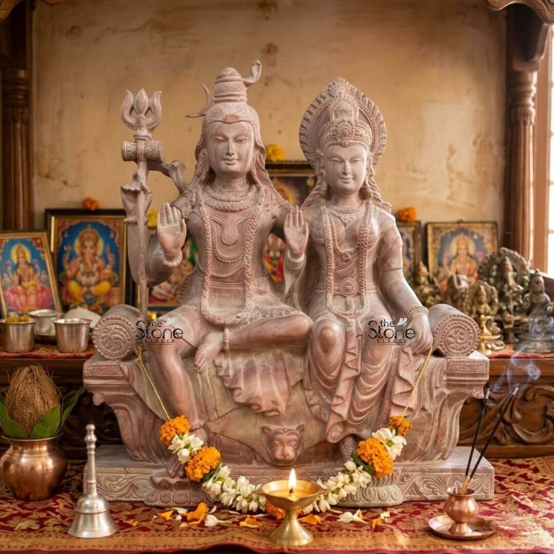 Lord Siva with Maa Parvati Stone Statue 18" 3 An exquisite 18-inch Pink Stone Shiva Parvati Idol meticulously crafted and displayed on a traditional altar as highlighted in the accompanying article. The entire sculpture rendered in a soft warm pinkish-brown hue of natural stone exudes a gentle and serene aesthetic perfectly suited for a home puja space. Lord Shiva and Goddess Parvati are depicted seated side-by-side on an ornate throne. Lord Shiva on the left has his traditional matted hair adorned with a crescent moon and a small cobra. He holds a trishul in his left hand while his right hand is raised in the Abhaya Mudra. He wears minimal attire and intricate jewelry all carved from the stone. Goddess Parvati sits gracefully to Shiva's right adorned with an elaborate crown and traditional jewelry including necklaces and earrings. Her right hand is also raised in a blessing gesture while her left hand rests elegantly in her lap. Both deities have serene expressions conveying peace and divine harmony. The throne they share is intricately carved with traditional Indian motifs including a lion's face at the front symbolizing strength and royalty. The flowing drapery of their garments is also finely sculpted adding a sense of detail and elegance. The idol is placed on a red and gold patterned cloth on a wooden altar. In front of the statue various puja offerings are arranged: fresh orange and white floral garlands draped around the base a lit brass diya burning incense sticks emanating smoke a copper pot a ceremonial bell and a fresh coconut. The background features several framed devotional pictures of other Hindu deities and intricately carved wooden panels completing the traditional and spiritual ambiance of this Pink Stone Shiva Parvati idol.
