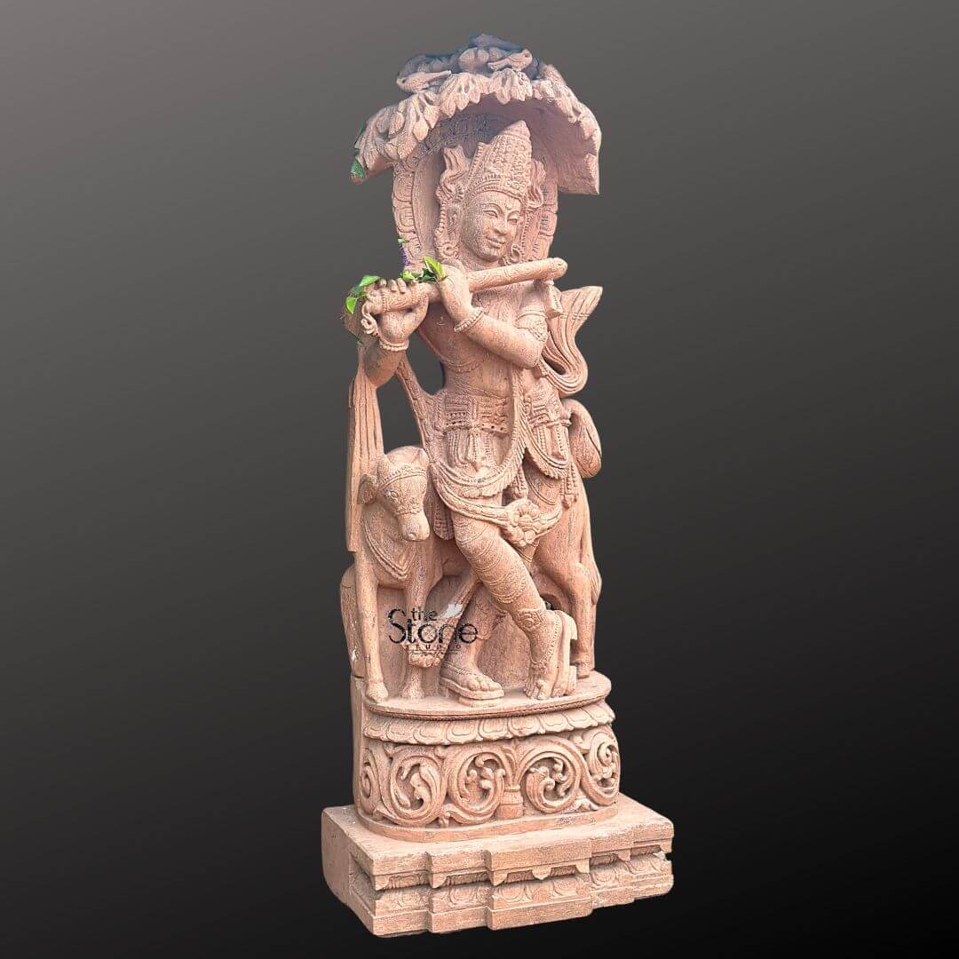 Large Krishna Stone Sculpture with Cow 6ft 6 Large Krishna Stone Sculpture with Cow 6ft - Image 6