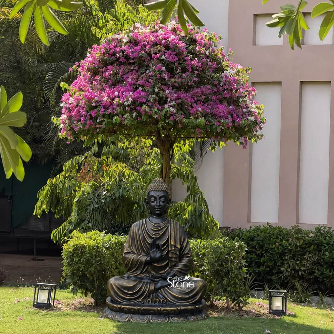 Large Fibre Buddha Statue 5ft 3 A 5 feet meditation Buddha statue is placed prominently in a peaceful garden setting creating a calm and graceful focal point for outdoor décor. The large fibre Buddha statue is shown seated cross-legged on a lotus pedestal with one hand raised in a symbolic teaching and blessing gesture and the other resting gently in the lap. The face has a serene meditative expression with softly closed eyes elongated earlobes and detailed curled hair highlighted in a warm golden tone. The body and robes are finished in a rich black and antique gold colour combination giving the sculpture a refined spiritual and elegant appearance. The Buddha fibre statue is positioned on a neatly maintained lawn beneath a striking flowering tree covered in abundant pink blossoms which forms a beautiful canopy above the figure. Around the statue are trimmed green hedges lush foliage and landscaped shrubs that enhance the peaceful garden atmosphere. Two small outdoor lantern-style lights are placed symmetrically on the grass near the base adding structure to the composition and suggesting how the area may glow beautifully in the evening. In the background the soft neutral wall of a building and the surrounding greenery help frame the statue while keeping the focus on its meditative presence. This image connects perfectly to an article about a 5 Feet Meditation Buddha Statue by showing how a large handcrafted Buddha sculpture can transform a lawn, courtyard garden corner or landscape area into a serene retreat. The combination of the meditation Buddha pose antique finish lotus base flowering tree and thoughtfully maintained outdoor setting highlights the statue’s suitability for garden décor meditation spaces spiritual landscapes and peaceful home exteriors. The overall scene conveys tranquillity mindfulness and timeless beauty making this 5 feet Buddha fibre statue an ideal choice for anyone seeking a large Buddha statue for outdoor meditation décor and elegant garden styling.