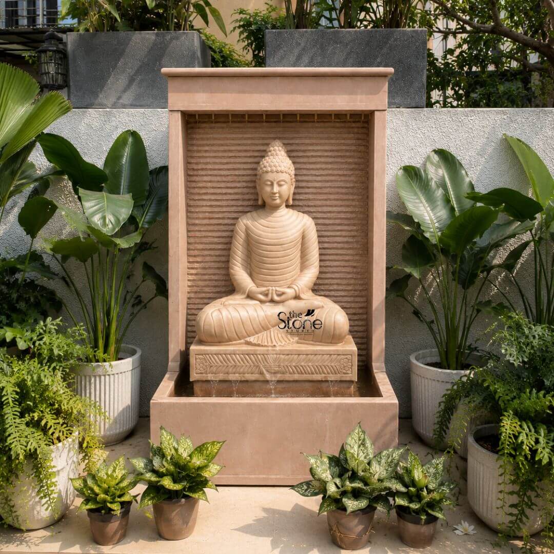 Outdoor Buddha Stone Water Fountain 4.5ft 3 A majestic, four-and-a-half-foot tall Buddha statue sits as the tranquil centerpiece of a sophisticated outdoor stone water fountain presented in a clean studio setting against a dark grey background. The entire fountain structure including the statue is meticulously hand-carved from a beautiful warm-toned sandstone exhibiting a natural textured porous surface that enhances its organic earthy feel. The Buddha is depicted in a traditional meditative pose seated with legs crossed in a full lotus position on a detailed lotus pedestal with hands resting in the lap in the dhyana mudra symbolizing deep contemplation and inner peace. His facial expression is serene and compassionate with downcast eyes a gentle smile and tightly curled hair leading to a ushnisha all rendered with exquisite craftsmanship and flowing yet subtle carved folds of his monastic robes. The statue is enclosed within a monolithic frame-like sandstone structure creating a stunning wall-fountain design. Water is subtly distributed to flow like a gentle curtain down the textured horizontally-ribbed back panel directly behind the Buddha pooling into the large monolithic rectangular basin at the base. The sound of the cascading water adds a tranquil multi-sensory dimension to the visual stillness of the statue creating a peaceful and meditative atmosphere. The warm earthy hue of the sandstone contrasts beautifully with the cool dark background making the statue pop and highlighting its intricate details and substantial presence which commands attention as a piece of sacred art. This four-and-a-half-foot Buddha fountain sandstone statue is an ideal illustration for an article discussing Buddha Fountain for Garden Decor demonstrating how such a piece can transform a garden patio or courtyard into a peaceful sanctuary. Its large scale ensures it becomes a commanding focal point while the durable sandstone construction makes it suitable for enduring outdoor elements as a long-lasting garden ornament. The combination of sacred art with the gentle movement of water embodies a sense of harmony and spirituality perfect for creating a dedicated space for meditation reflection and aesthetic appreciation in any outdoor living area. The detailed carving and harmonious integration of elements highlight its value as both a decorative and a meaningful addition to a modern landscape.