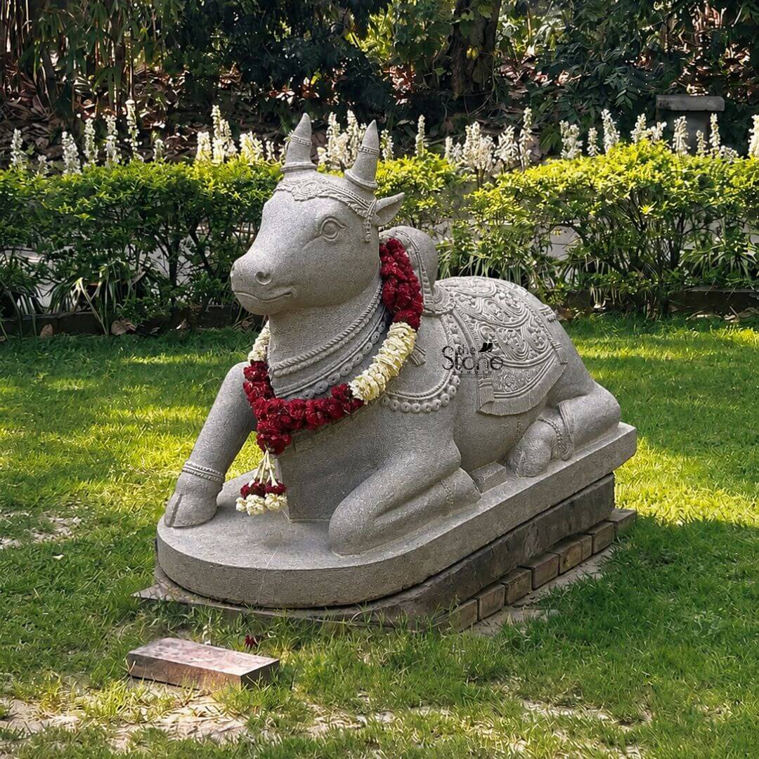 Nandikeshwara Stone Statue 45" 3 A full-shot outdoor photograph captures a meticulously hand-carved blackstone Nandi bull statue presented in a traditional recumbent pose. The statue which exhibits the dark grey matte finish characteristic of premium blackstone is positioned on a slightly elevated rectangular stone plinth within a lush sunlit garden setting. Nandi is depicted resting on its folded legs facing towards the viewer's left with a calm attentive expression embodying the classic form of a temple-style sculpture. The Nandi statue is richly adorned with deeply carved intricate ornamentation that highlights the artisan's skill. Its head features detailed eyes ears and stylized horns encircled by elaborate headgear. Multiple layers of finely carved beaded necklaces and garlands drape around its neck with the texture of the stone mimicking heavy jewelry and bells. A significant ornate garland of fresh red and white flowers is additionally draped over the statue's neck and body, adding a layer of living devotion. The body of the Nandi is covered by a beautifully patterned saddle blanket carved in relief directly from the stone. The blanket features complex floral motifs and geometric borders with detailed fringes and tassels along its edge. Below the blanke an intricately carved girth strap secures it ensuring the sculpture conveys a sense of rich ceremonial decoration. The background consists of a well-manicured green lawn bordered by dense green hedges and rows of white flowering plants creating a serene environment that befits a sacred temple artifact. The natural sunlight highlights the deep relief and texture of the blackstone carvings.