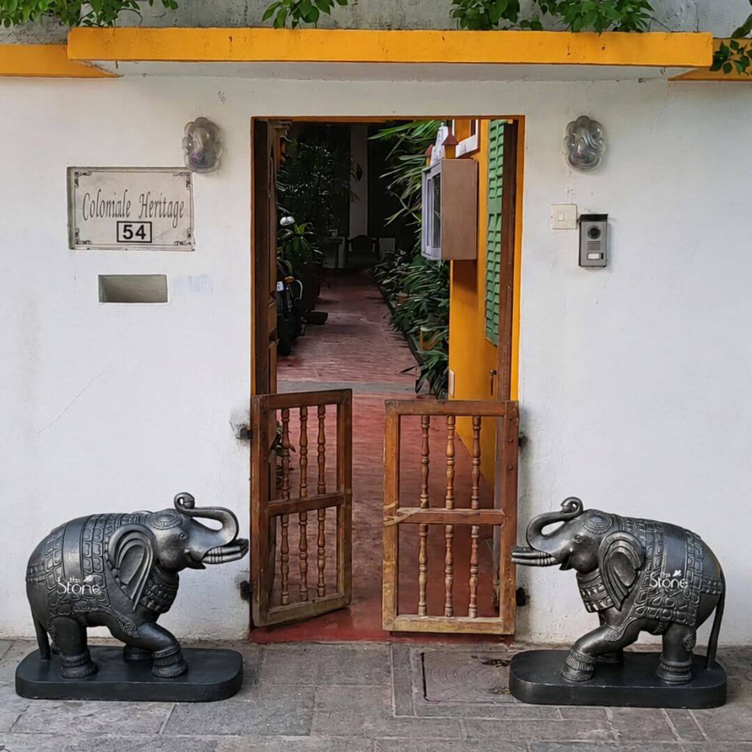 A daytime exterior photograph captures the entrance of a building labeled Colonial Heritage 54 flanked by a magnificent pair of 26-inch blackstone Indian elephant statues. The statues crafted from a dark rich stone are positioned symmetrically on simple rectangular bases on the stone-paved ground guarding the threshold. Each elephant is sculpted with a trunk raised in a traditional gesture of welcome and good fortune showcasing intricate, hand-carved details. Elaborate patterns resembling ornate decorative blankets cover their backs while fine etchings define their ears headpieces and legs highlighting the exceptional traditional Indian craftsmanship. The smooth polished texture of the blackstone provides a powerful and elegant contrast against the textured white stucco facade of the building. The entrance itself features a vibrant yellow-painted wooden door frame surrounding an open dark wooden spindle-style gate that is partially ajar. Through the open gate a deep inviting passage is visible lined with lush green potted plants and hints of a motorcycle parked further inside. The bright yellow of the door frame complements the deep tone of the blackstone elephant statues creating a visually striking composition. Above the doorway a simple orange-tiled ledge is visible adorned with a few trailing green plants adding a touch of nature to the architectural details. The entire scene is bathed in natural daylight emphasizing the textures of the stone stucco and wood. This detailed image serves as an excellent representation of how an Indian Elephant Statue Pair in Black Stone can transform an entryway. The substantial 26-inch scale of the statues gives them a commanding yet graceful presence embodying the cultural significance and spiritual symbolism of these animals in Indian iconography. By placing the statues facing the entrance the arrangement conveys a deep sense of reverence strength and good fortune perfectly illustrating the article's theme of incorporating meaningful decor. The scene demonstrates how such artisanal stonework can create a welcoming and spiritually balanced atmosphere making a strong statement about the appreciation for heritage and traditional art in home design.